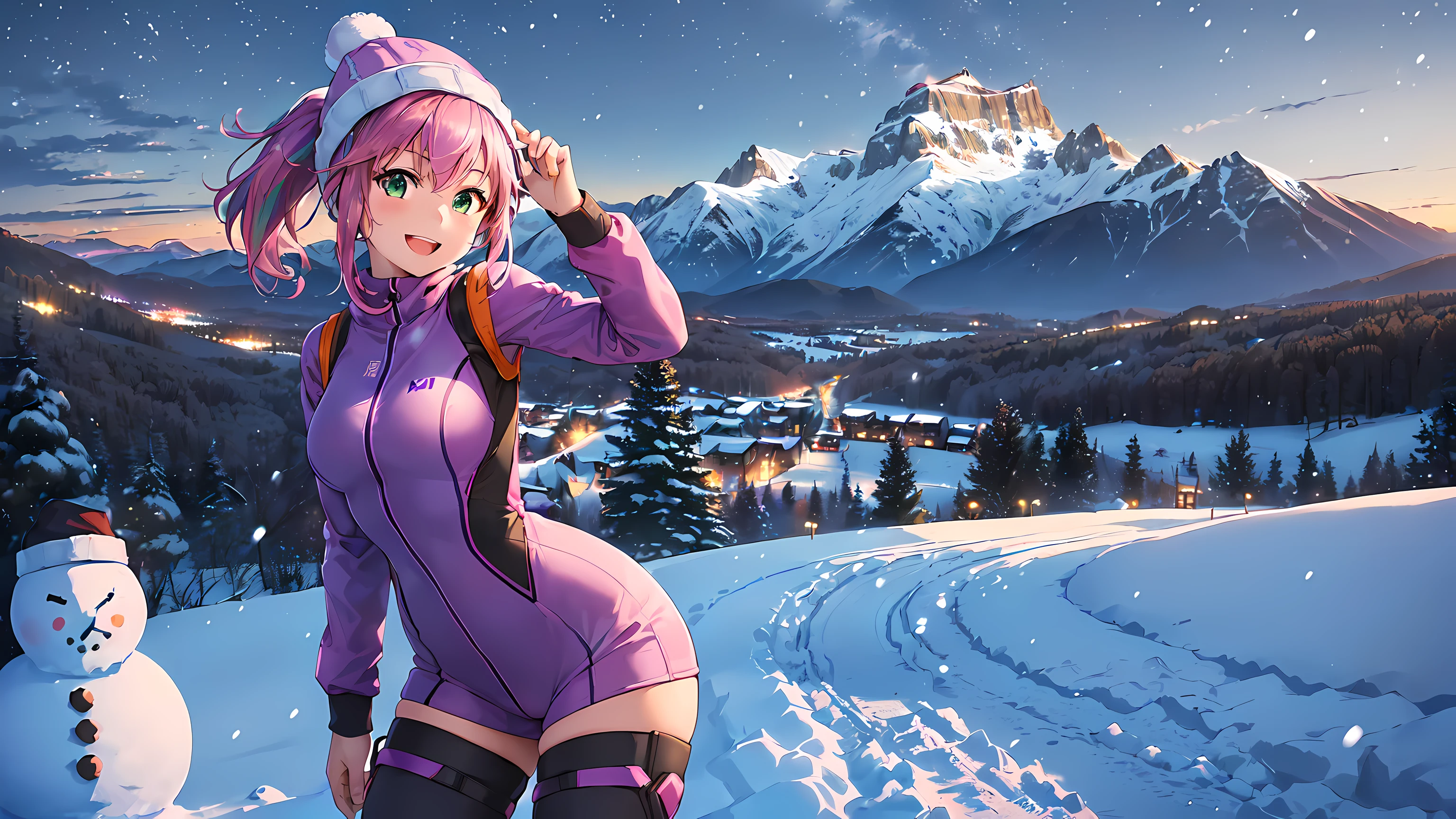 (high res, masterpiece, Ultra sharp, absurd details), 1girl, solo, cute girl, pink hair, short hair, 2 buns hair, big butt, bikini, ski jacket, ass up, ecchi, green eyes, blush, laid , mountains, snow, seen from above, wide-angle lens distortion