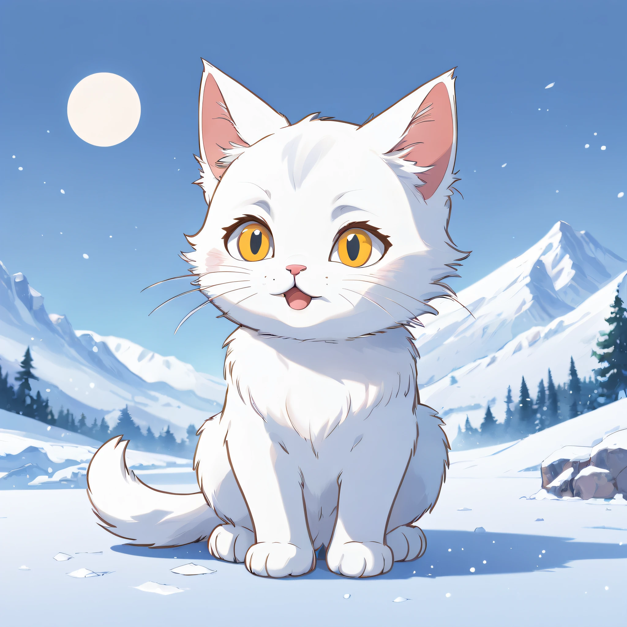 Simple art style with black outline、Illustration of a snow-white kitten、funny expression、solid color、Vector image、Professional vector image、T-shirt design、Stylized square sticker、White background、Simple cells