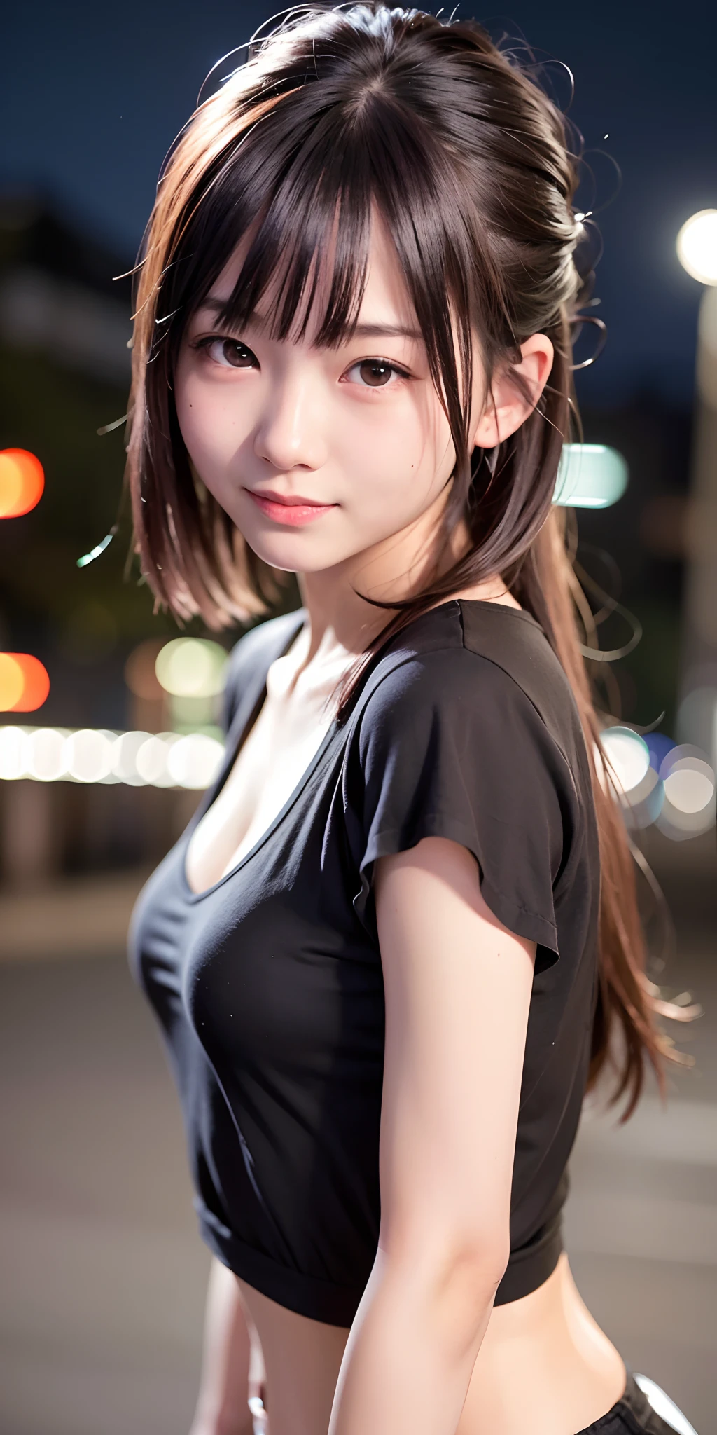 1girl, Tokyo street,night, cityscape,city lights,upper body,close-up,smile,, (8k, RAW photo, best quality, masterpiece:1.2),(realistic, photo-realistic:1.37),