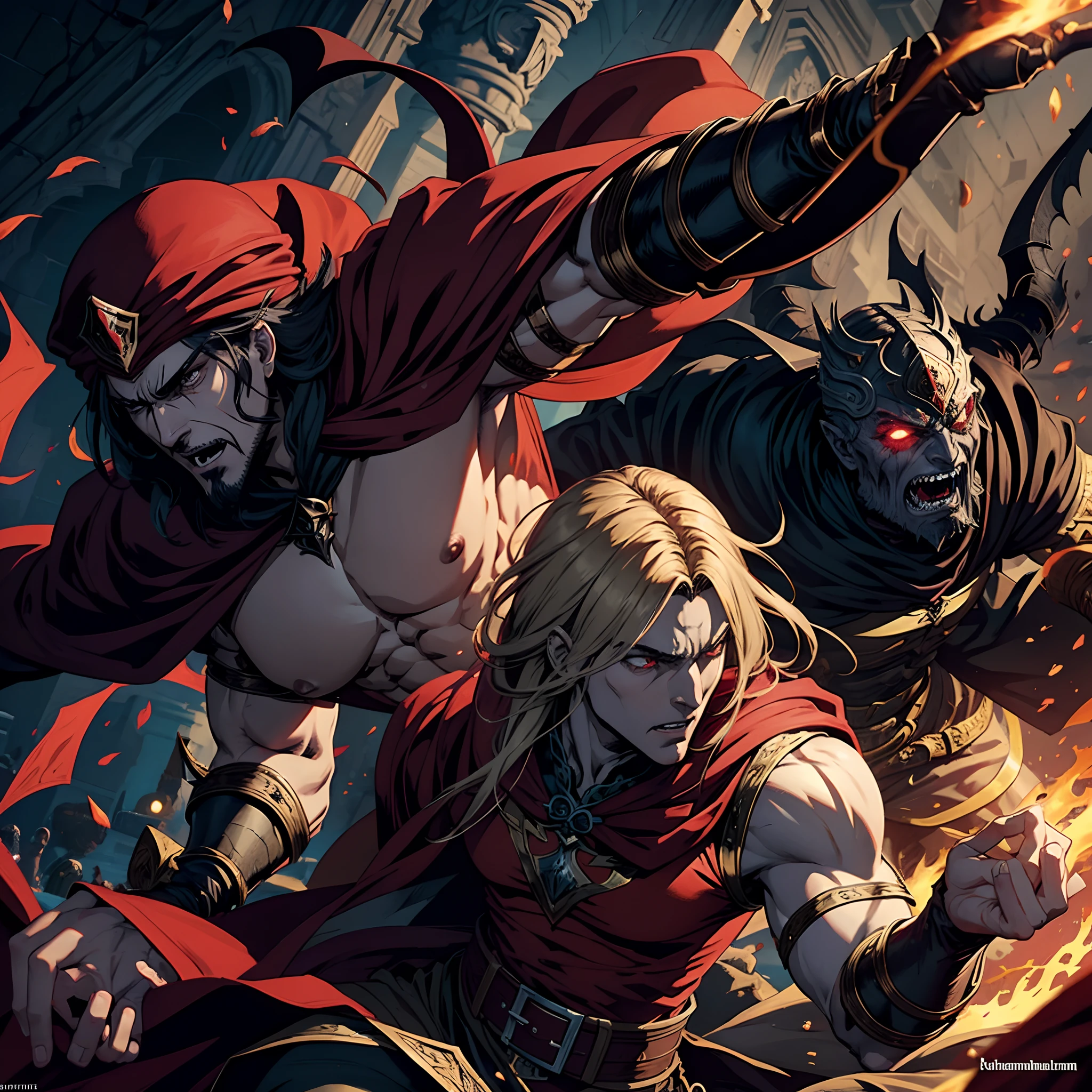 Castlevania Comic Page Lord of Shadows Red Turban in Battle With Scary Demons Super Realistic Super Detailed Super Realistic Faces Super Detailed Moroccan Islamic Body Super Realistic Super Detailed Correct Anatomy Super Detailed Proportions Super Detailed Faces