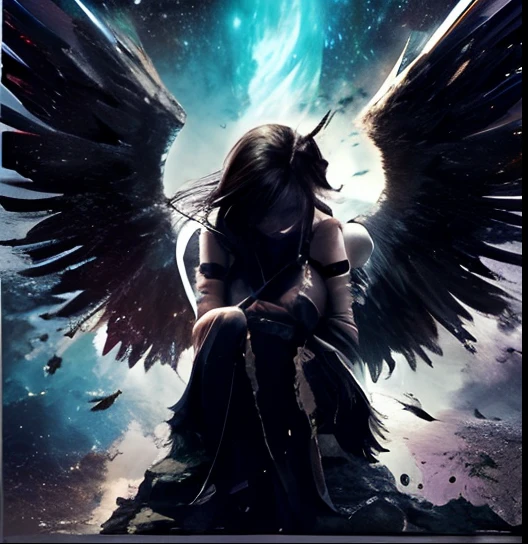 a woman with wings sitting on a rock in the middle of a galaxy, fallen angel, dark angel, angel with black wings, wings are clouds of darkness, fallen angels, human need death angel, raven angel wings, cosmic horror entity with wings, the angels are crying, winged human, black wings instead of arms, girl with angel wings, epic angel wings