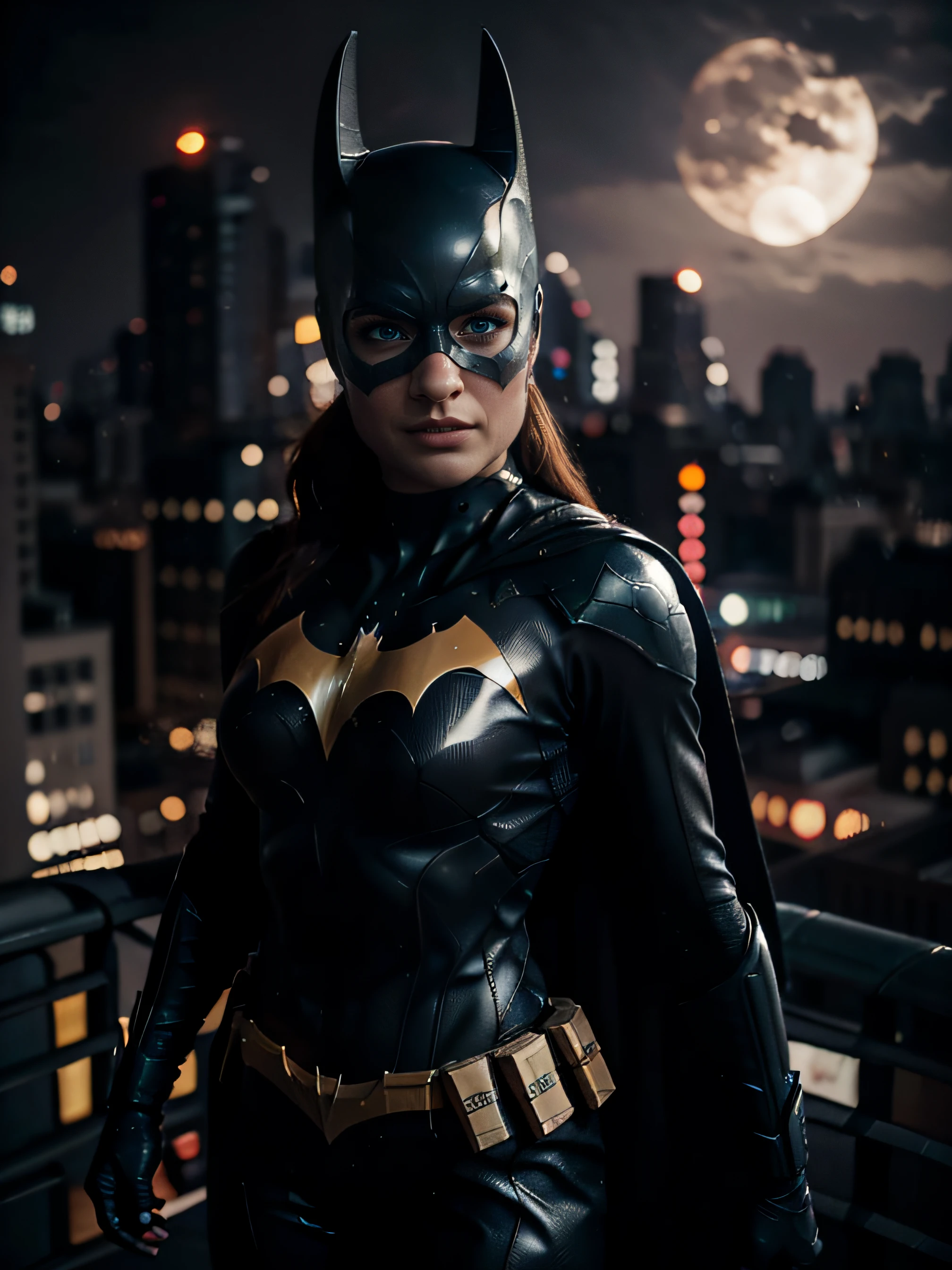 Batgirl, top of a building, striking a superhero pose, with an imposing presence. The scene is set at night, with a below view angle capturing the city skyline. The overall image quality is top-notch, with a sharp focus and captured in stunning 8k high definition. To add a unique perspective, the fisheye lens is utilized, providing a dynamic and immersive feel. Batgirl's eyes are a captivating grey, shining with intensity. The cityscape is illuminated by a full moon, casting a soft glow over the surroundings.