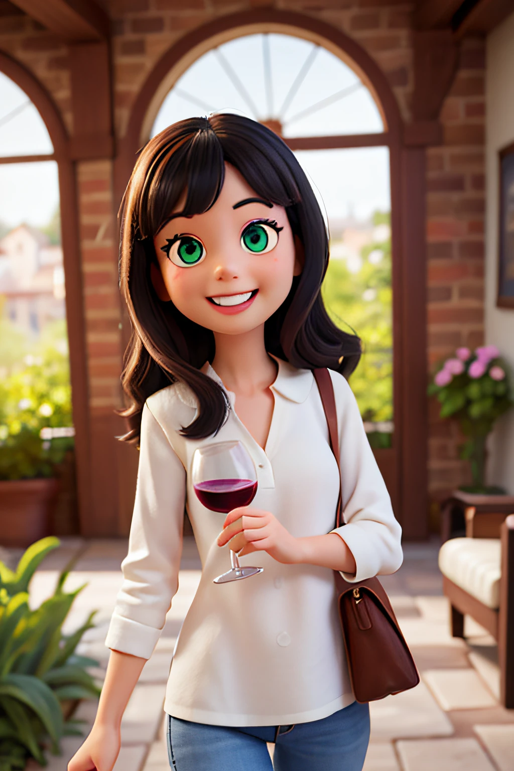 Image of a 35-year-old woman, inspired by Disney Pixar. Disney cartoon type image. white skin, green eyes, long dark hair, black hair with light highlights. happy, smiling. holding wine glass. in the background a comfortable room with a large window and a garden in the background.