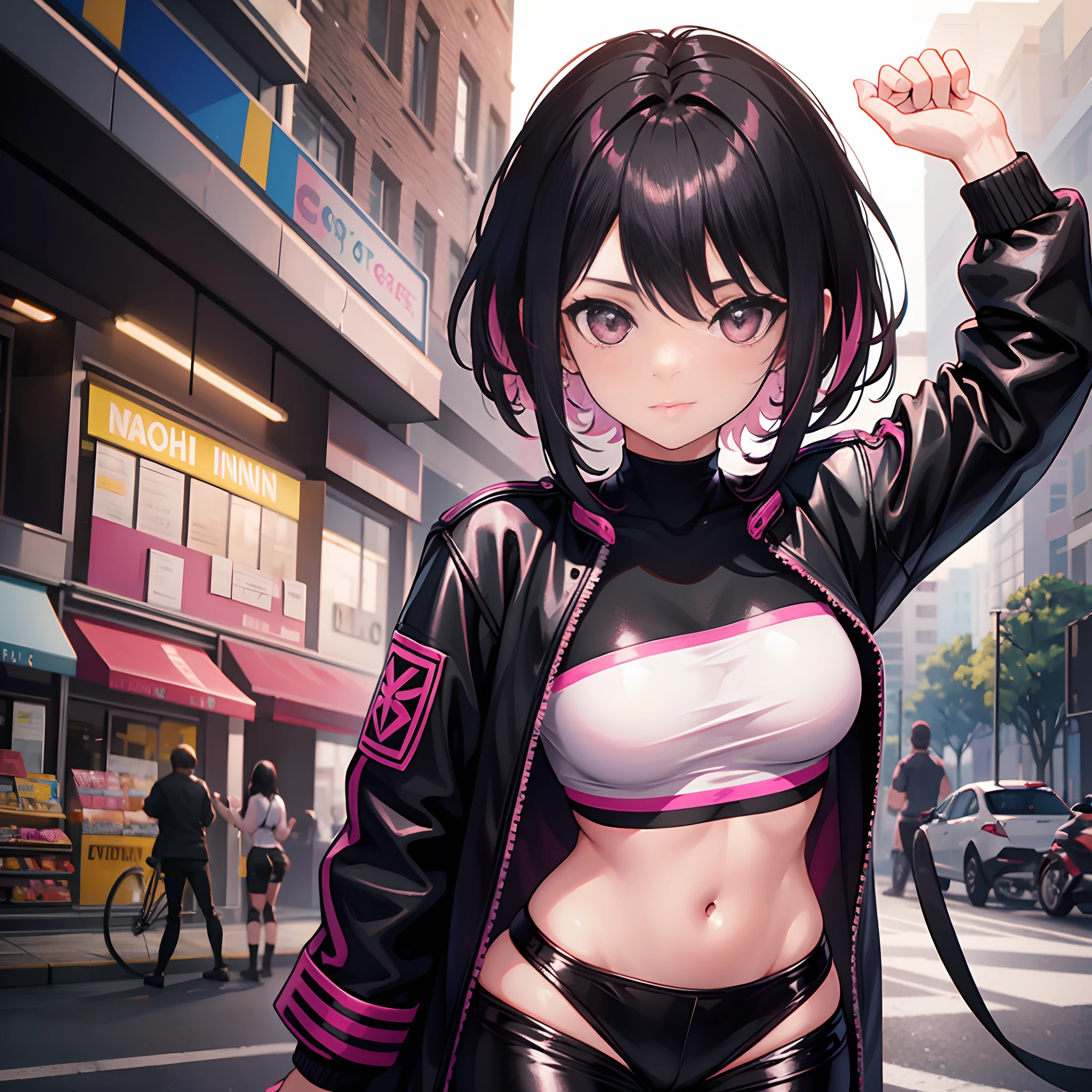 1 girl,tall,short black hair with pink highlights,pink eyes,biker gang attire