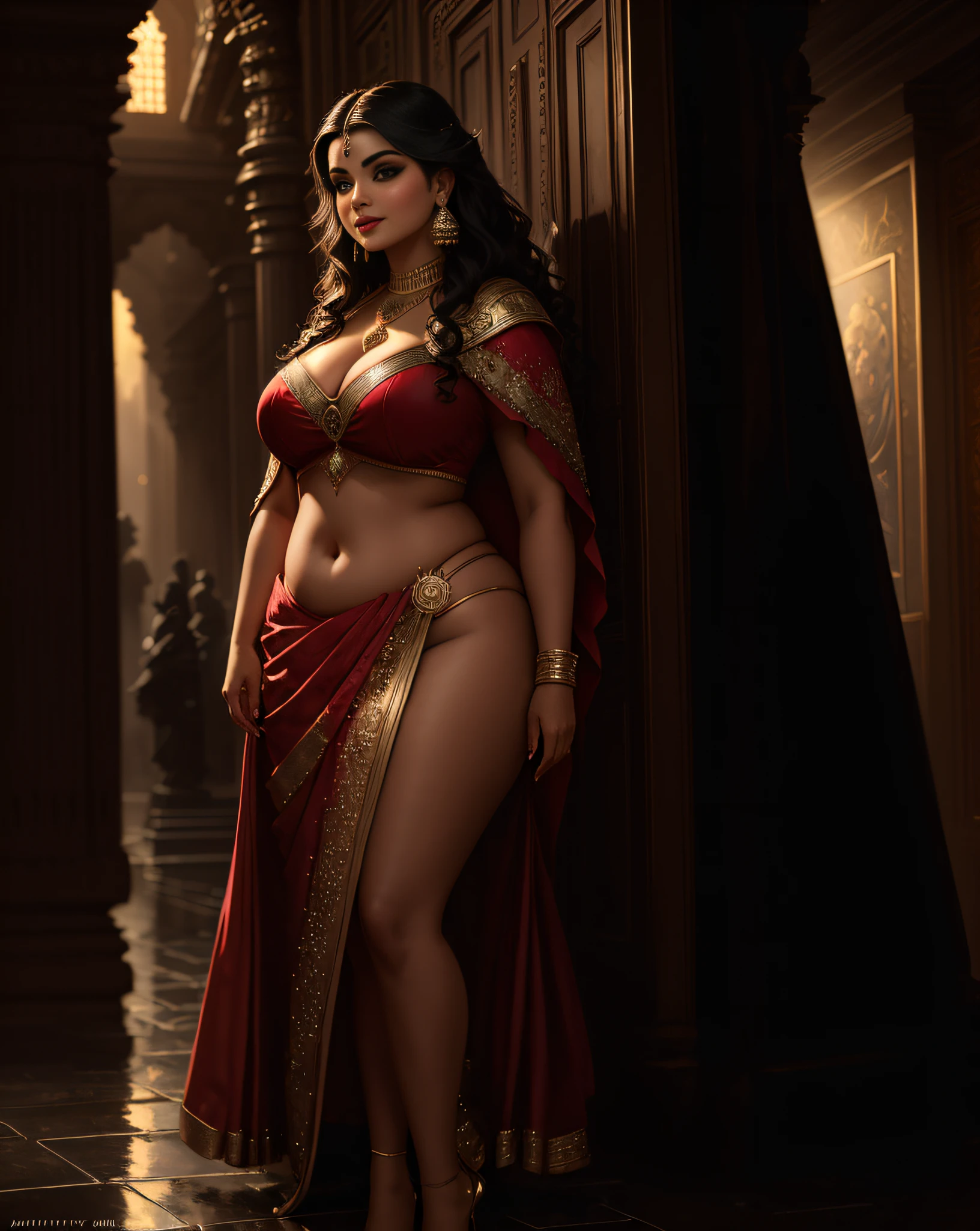 (masterpiece portrait photography:1.3) of a (solo:1.3) ravishing alluring chubby curvy  maharani aishwarya rai iyer, walking on a rainy ancient city street, wearing ornate red fractal armour, intricate robes, cape & saree, battle ready, navel, reflections on street, (flowing wavy backlit hair), cinematic dramatic scene, lustful glance, (captivating kohl lined eyes:1.3), (seductive smile:1.3) apocalyptic magical portal, dramatic lighting, depth of field, backlit, light rays, highly detailed, trending on artstation, paint splashes, rich colour, mythological portrait, by Ron hicks & Atey Ghailan