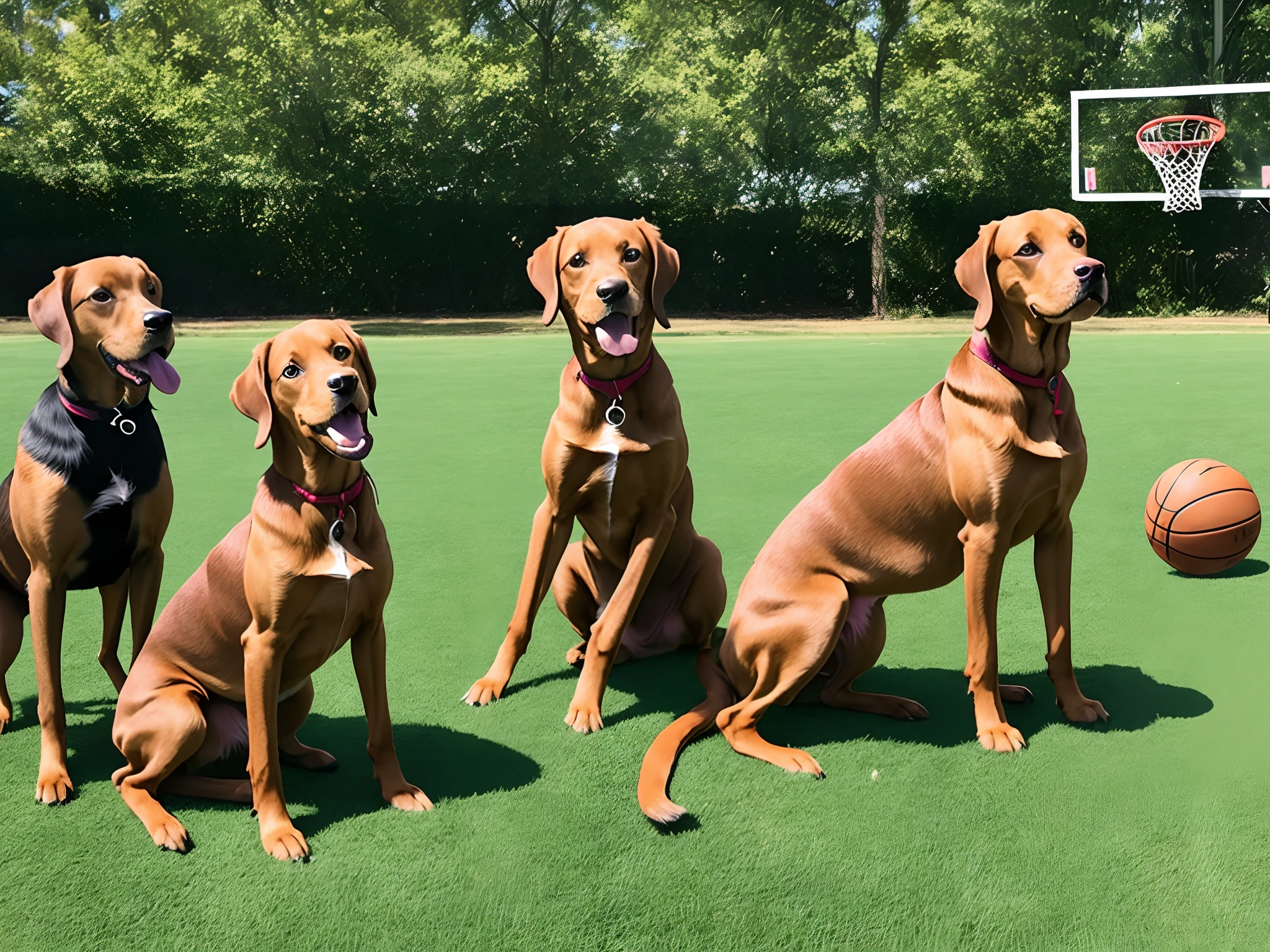 2 vizsla dogs playing basketball