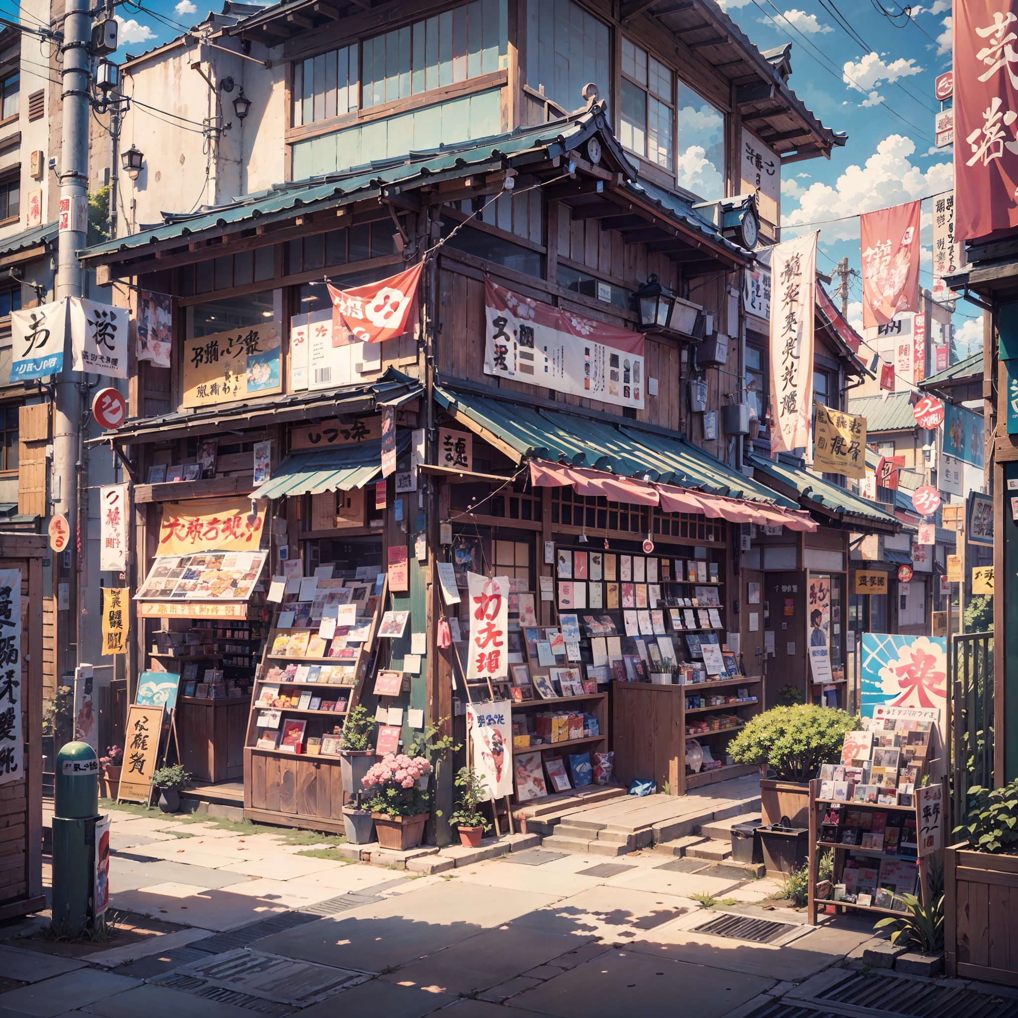 sunny, beautiful weather. modern Japanese city street, japanese shop. Best quality. No one in sight. Anime. Anime style. lofi. dramatic weather. wide view, wide angle. Next to street. Modern village, anime background, anime wallpaper, anime, anime style, anime vibe, japanese shop signs, japanese banners, masterpiece,