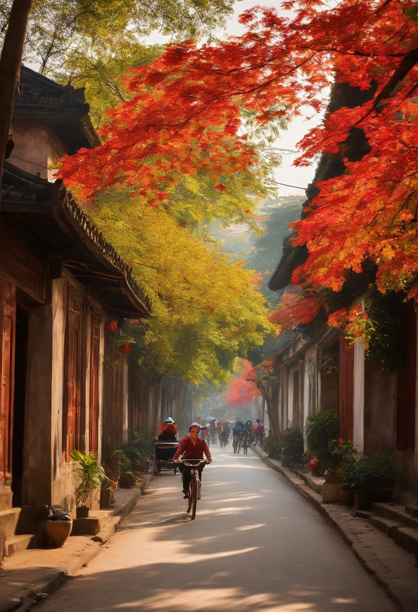 Please depict an old quarter street in Hanoi, with traditional houses and narrow alleys. Rows of maple trees are planted along the street, creating vibrant fields of red maple trees. The maple trees have bright red, yellow, and orange leaves, adding a vivid touch to the scenery. You can include details such as people strolling along the street or vintage bicycles passing by. Create a warm and peaceful autumn scene that showcases the beauty of Hanoi’s old quarter.