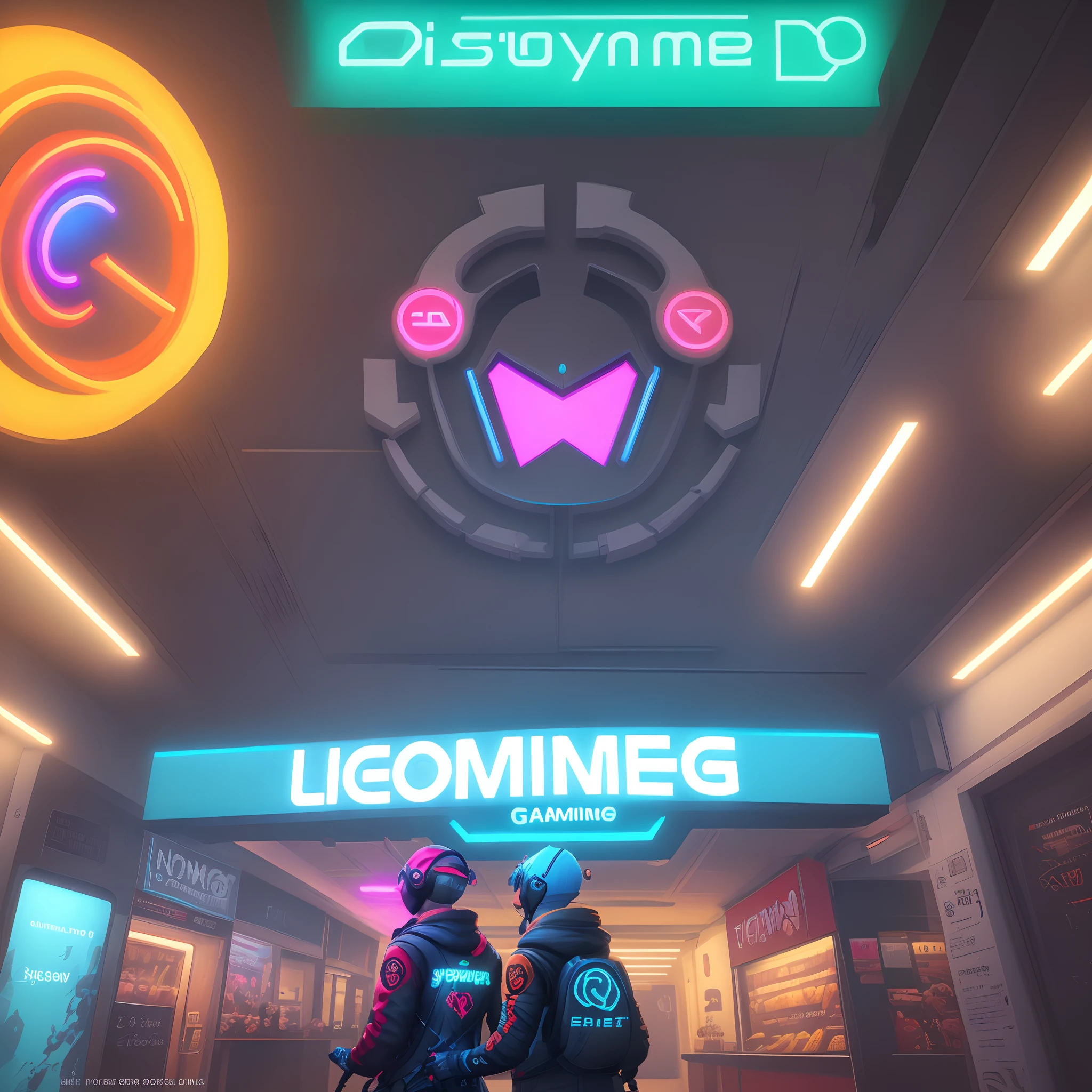Logo gaming neon avec le pseudo GAMA sur fond ville