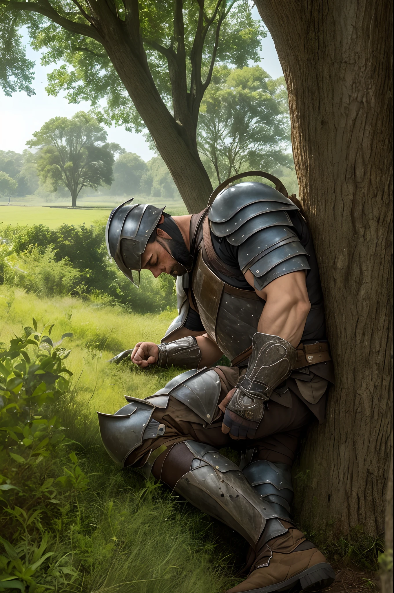 a strong man sleep near a tree, with his armor on his side