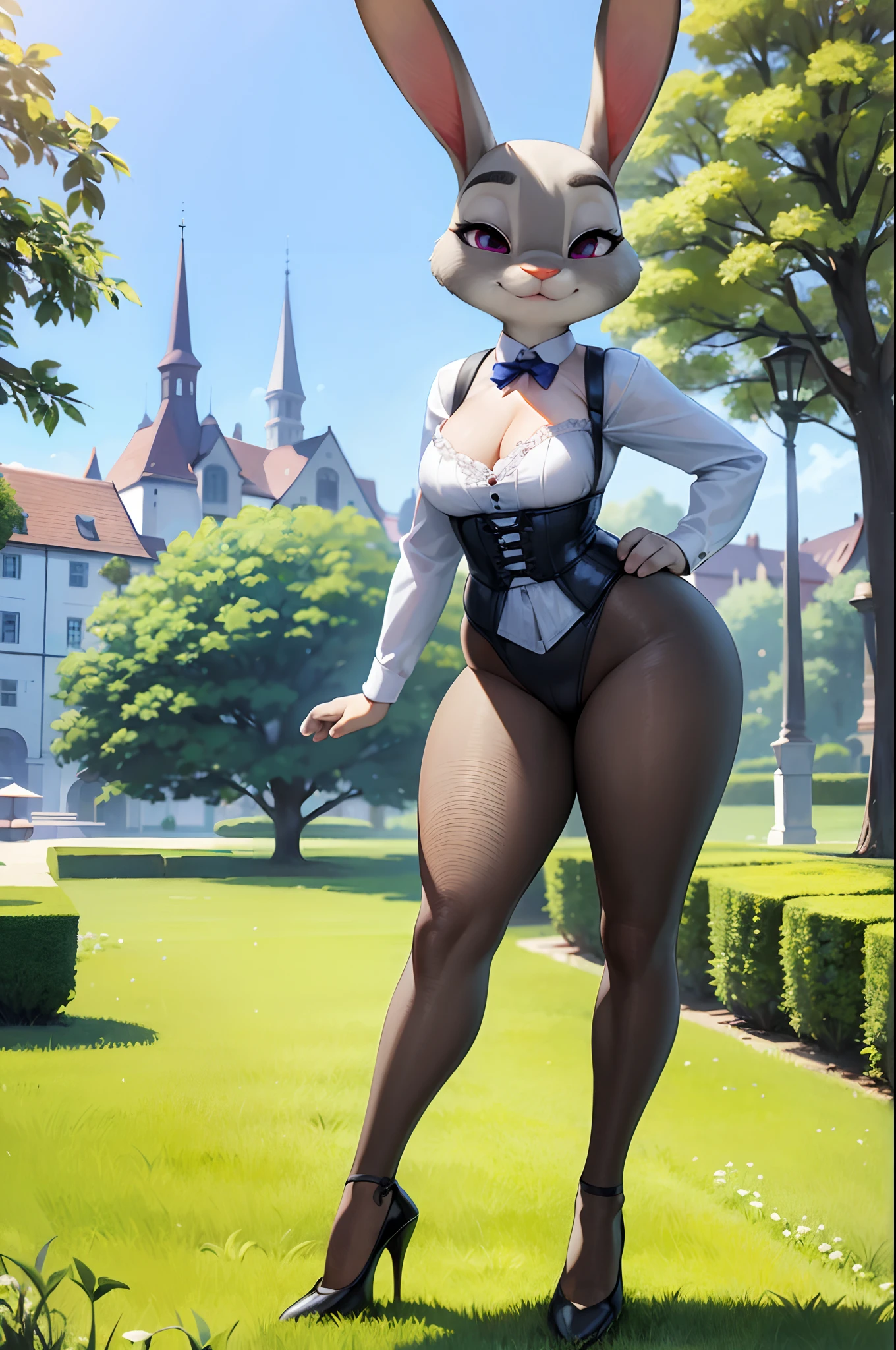 Traditional German dress, Dogwood, Traditional Bavarian clothing, Tranquil garden, single girl, Judy Hopps, Charming face, cute expression, perfect anatomy, beautiful landscape, Detailed Face, stocklings:1.8, full body, high heels, erotic