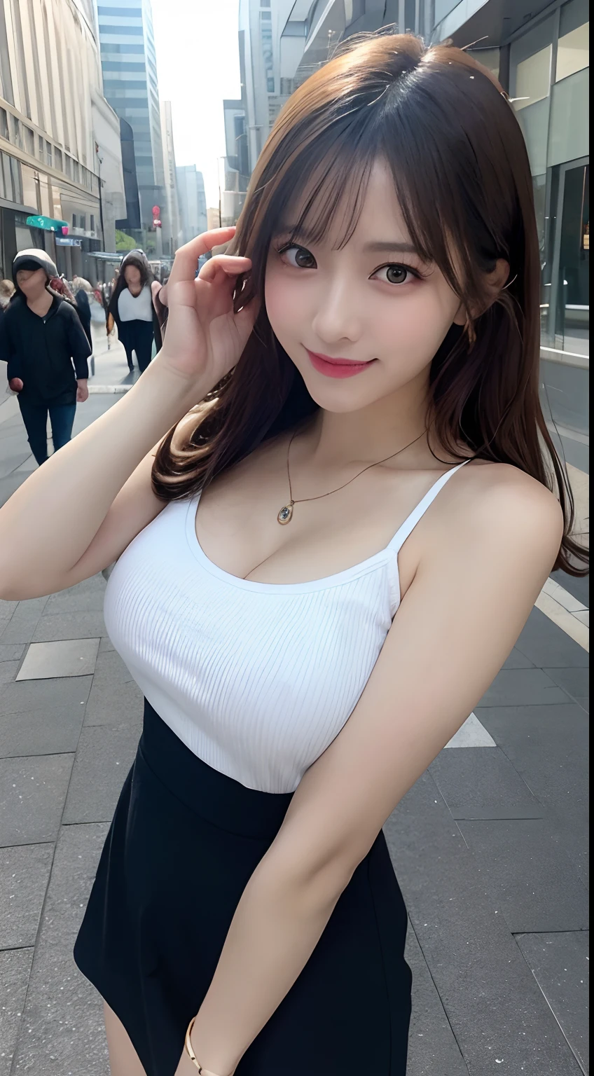1girll、Masterpiece Mastepiece, Best Quality, Illustration, Ultra-detailed, finely detail, hight resolution, high-level image quality、8K Wallpaper, a Korean girl、韓国アイドル、Perfect dynamic composition, Beautiful detailed eyes, Random Dresses,Medium Hair, cleavage of the breast, Natural Color Lip, ((Spread your legs apart))、((I can see panties)),Beautiful skin、Smile,Street Walk、20 years girl