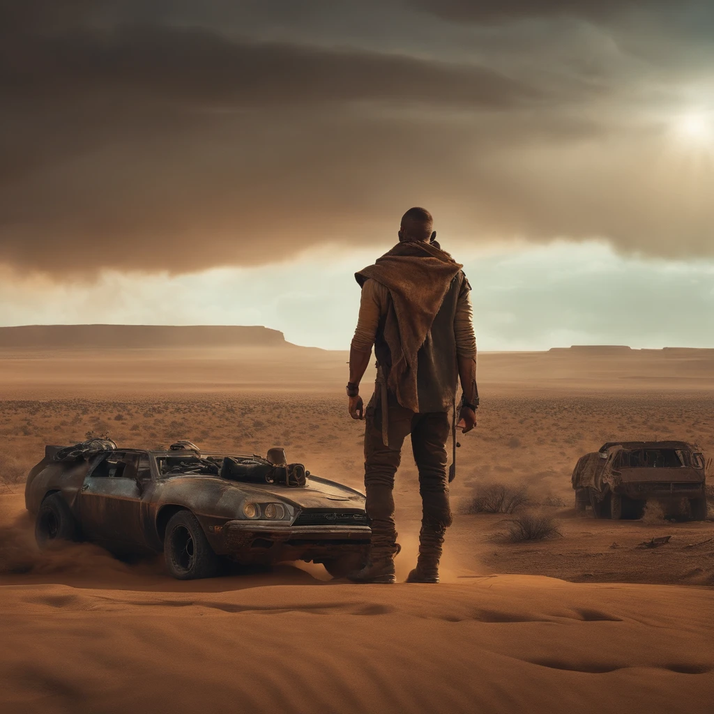 post-apocalyptic world, atmosfera arenosa, dystopian landscape)) Madmax" Um rato vestindo roupa de hip hop ao lado de charuto fumando