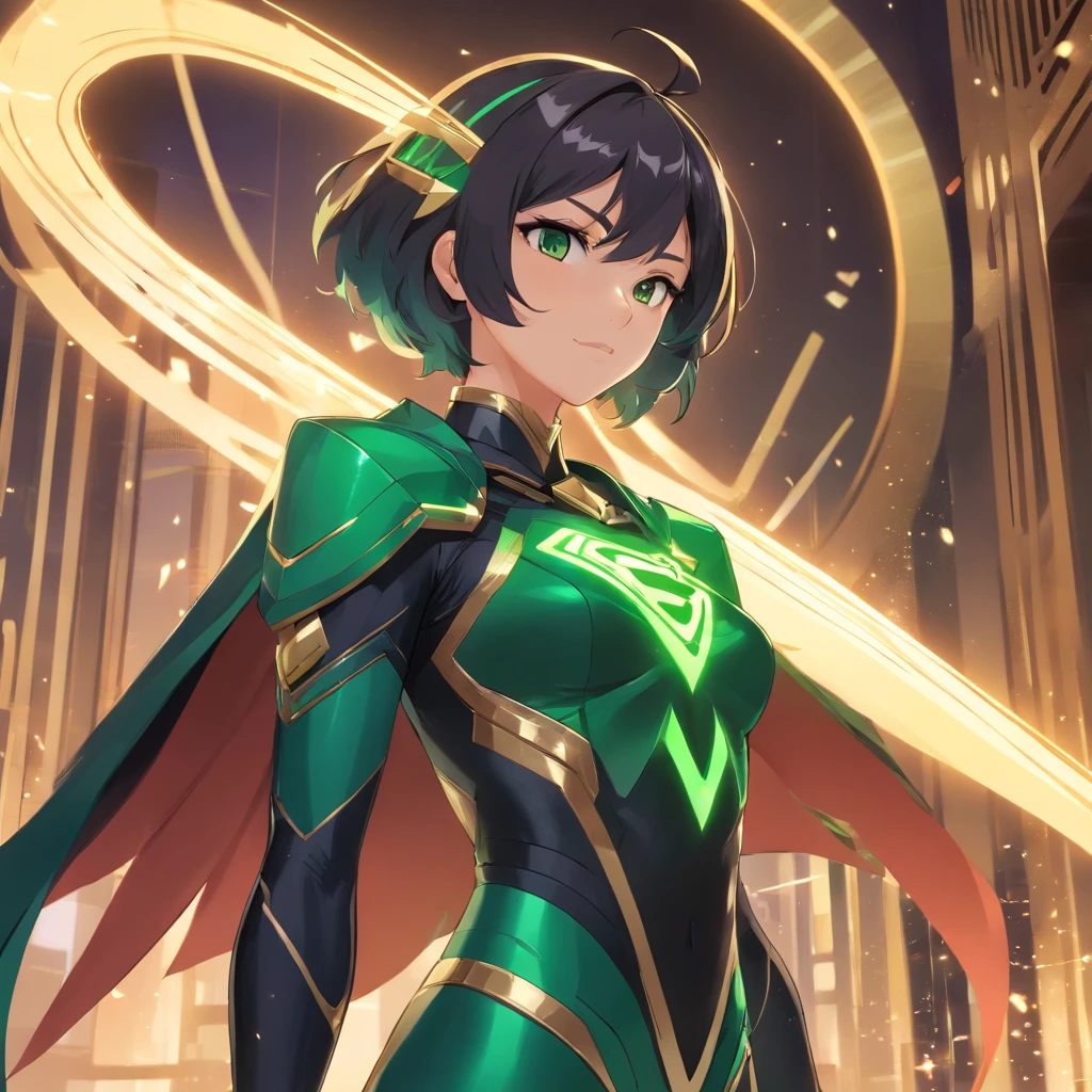 Realistic depiction of Genshin Impact's Tighnari with an advanced black and green Superman cybersuit with Egyptian details.