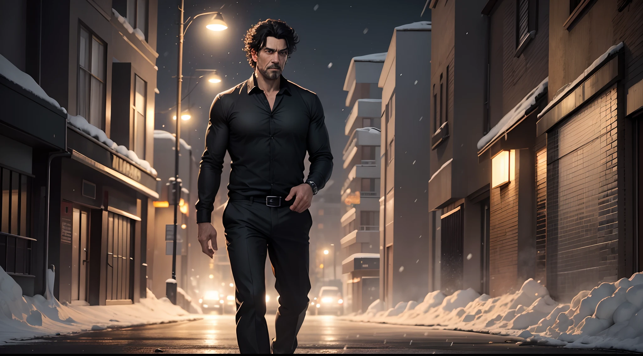 realistic, 8k image of a 40 year old man, man, medium sized curly black hair, strong, dressed in a casual black blouse and black pants, walking on a deserted street, winter night, snow falling, insane expression, anime style art