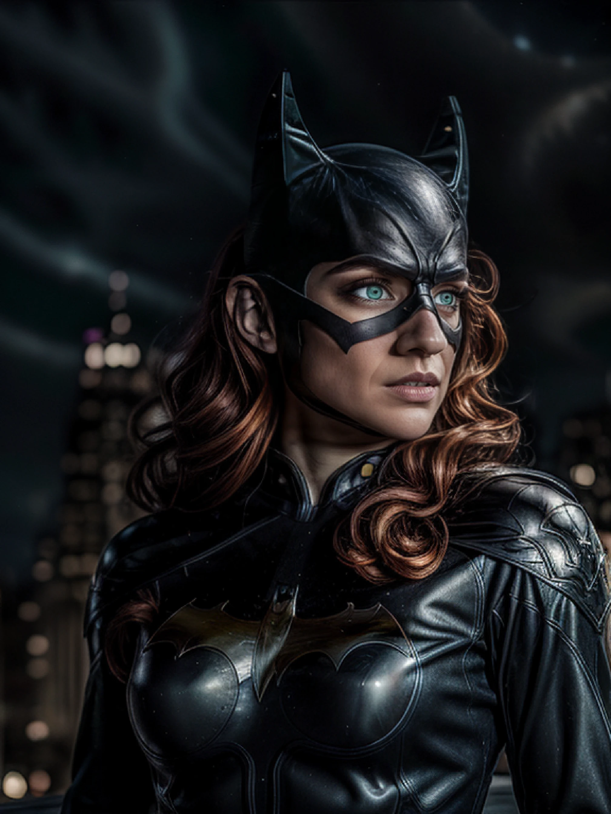 masterpiece, best quality, 1girl, batgirl, cowboy shot, realistic, (bruise), green eyes, mask, revealing clothes, sexy, orange hair, lips, long hair, floating hair, solo, dark, city background, night sky, neon city light