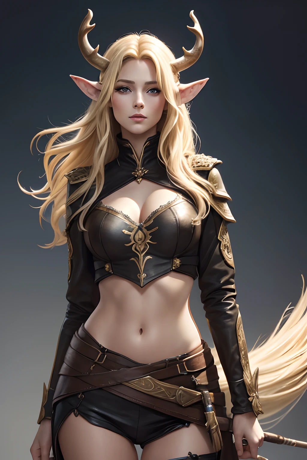 Chasseuse elfe, 30 ans, un arc dans la main, carquois dans le dos, corps entier, JdR, fantaisie, highly detailed, digital painting, blonde, cheveux long , without background.