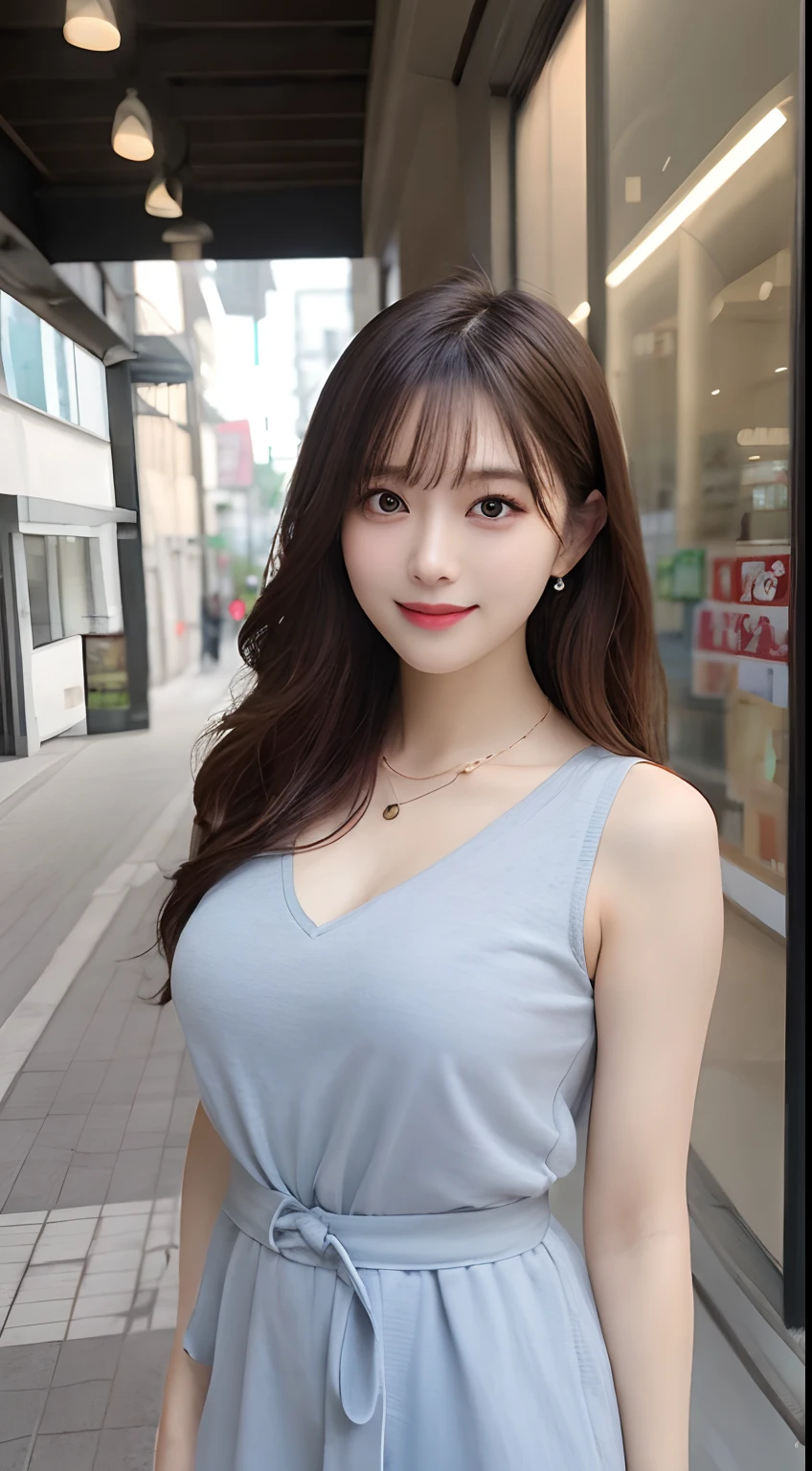 masutepiece, Best Quality, Illustration, Ultra-detailed, finely detail, hight resolution, 8K Wallpaper, Perfect dynamic composition, Beautiful detailed eyes, (doress),Medium Hair, Same as, Natural Color Lip, Random and sexy poses, large full breasts、Smile, piercings, a necklace, Aoyama Street Walk, 20 years girl, depth of fields、full body Esbian