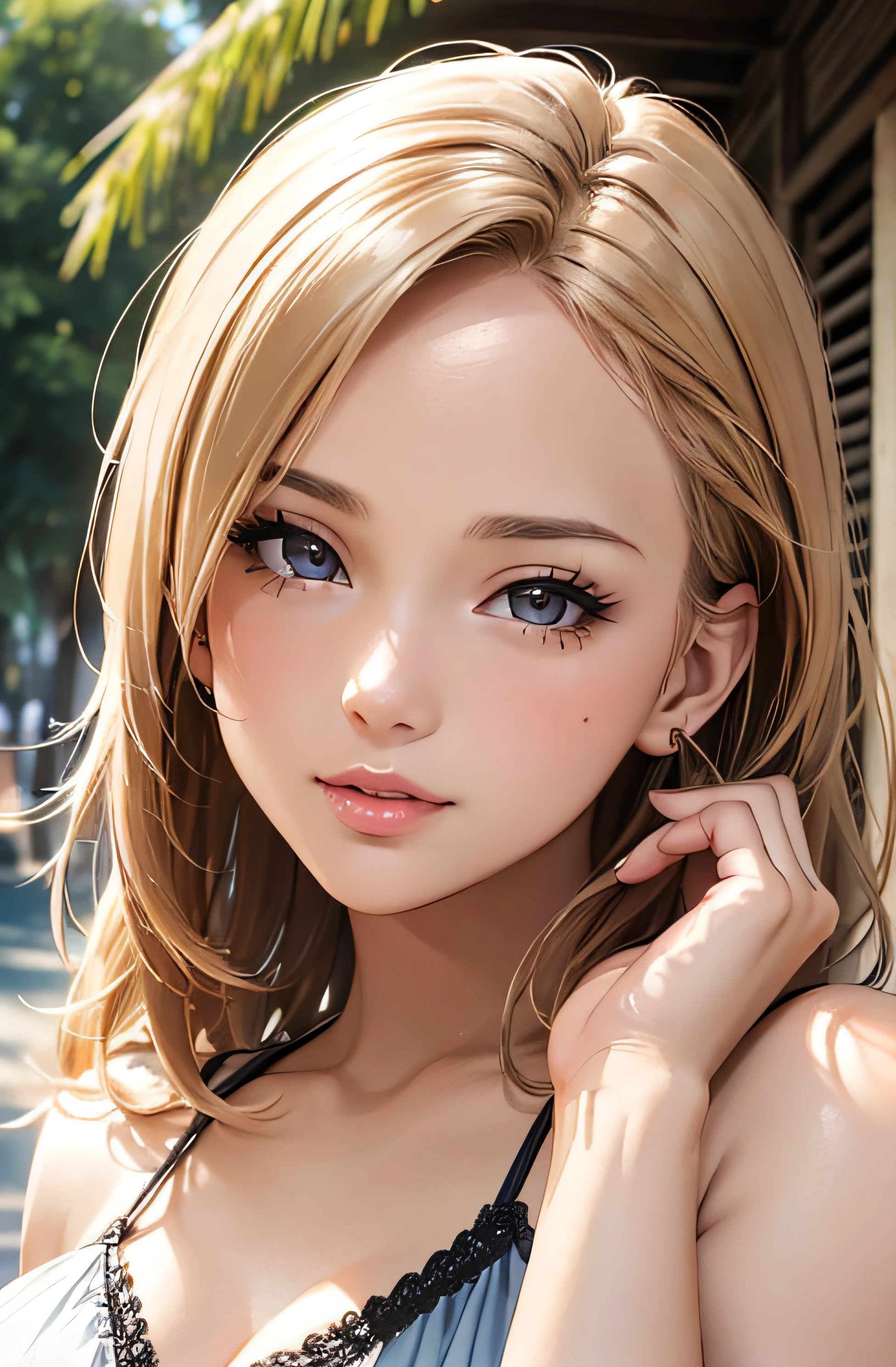 girl in summer clothes, taking a sefie, random background, kiss, beautiful, medium breasts, flirtatious look, ((very detailed)), (perfectly detailed face), (well detailed hand), (well detailed hand), (well detailed hand), (well detailed hand), (well detailed hand) photorealistic image.