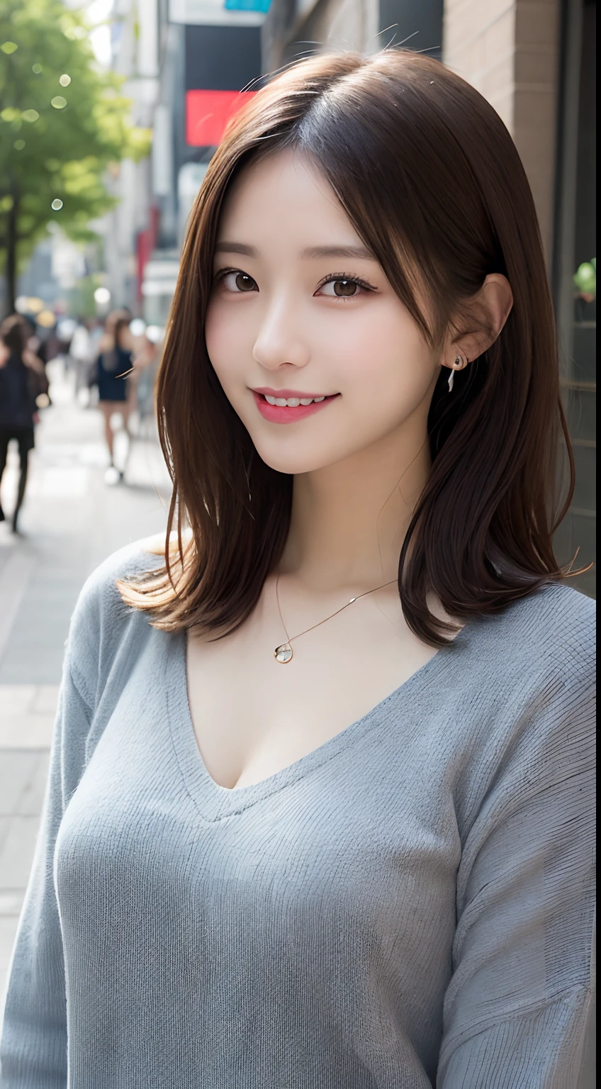 masutepiece, Best Quality, Illustration, Ultra-detailed, finely detail, hight resolution, 8K Wallpaper, Perfect dynamic composition, Beautiful detailed eyes, (doress),Medium Hair, Same as, Natural Color Lip, Random and sexy poses, large full breasts、Smile, piercings, a necklace, Aoyama Street Walk, 20 years girl, depth of fields、full body Esbian
