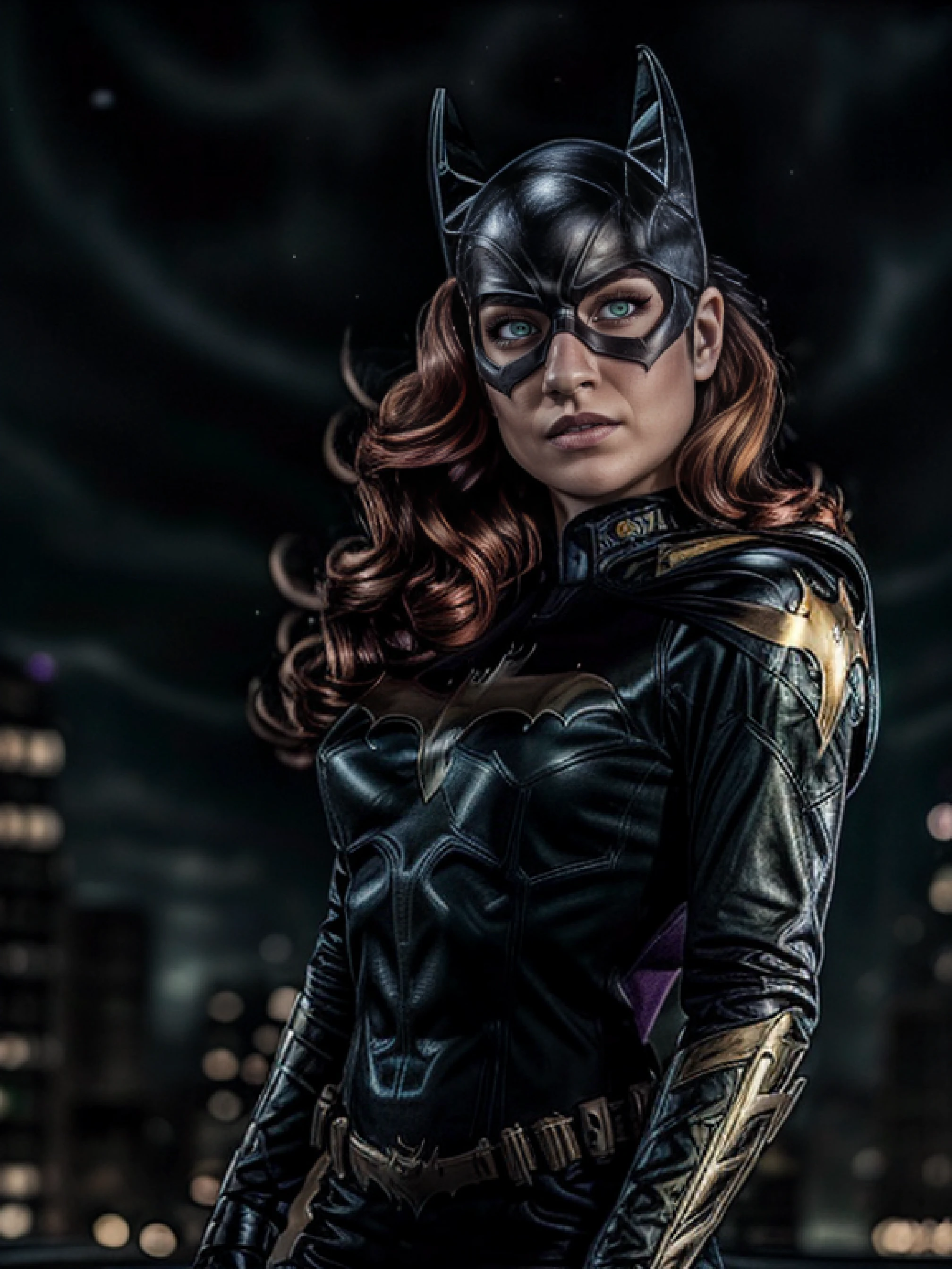 masterpiece, best quality, 1girl, batgirl, cowboy shot, realistic, (bruise), green eyes, mask, revealing clothes, sexy, orange hair, lips, long hair, floating hair, solo, dark, city background, night sky, neon city light