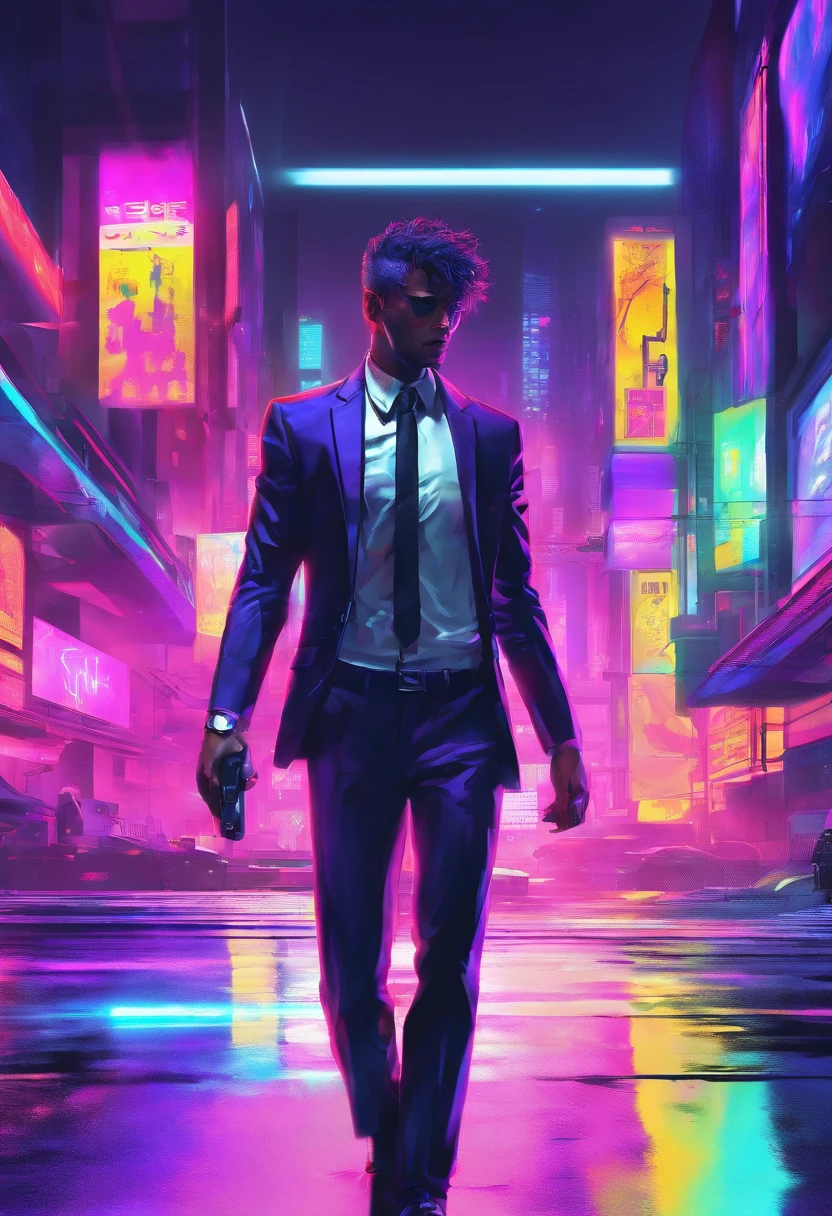 ((Skinny, male, businessman walking under night sky with moon out wearing a basic suit and tie)), cowboy shot, (black short shaggy hair with purple highlights), ((office cubicle background)), (highly detailed photo realistic), sharp focus, ultra high quality, vibrant, masterpiece, (cinematic lighting), ((male))