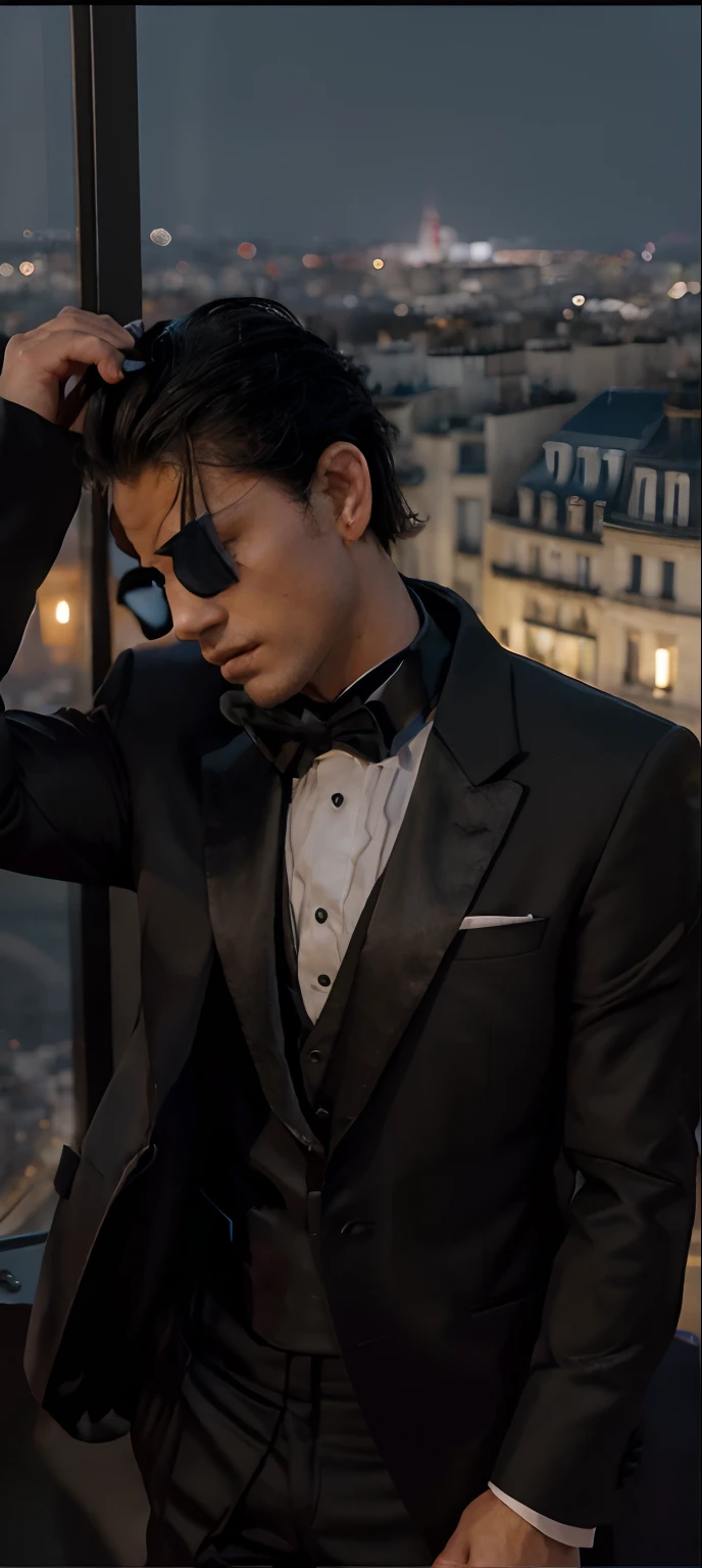 work of art. Portrait of a handsome man with ( in (black tuxedo). At night llena.de foot on a rock over beautiful views of Paris. Photorealistic, Hyperdetailed,High Quality,8K not face change