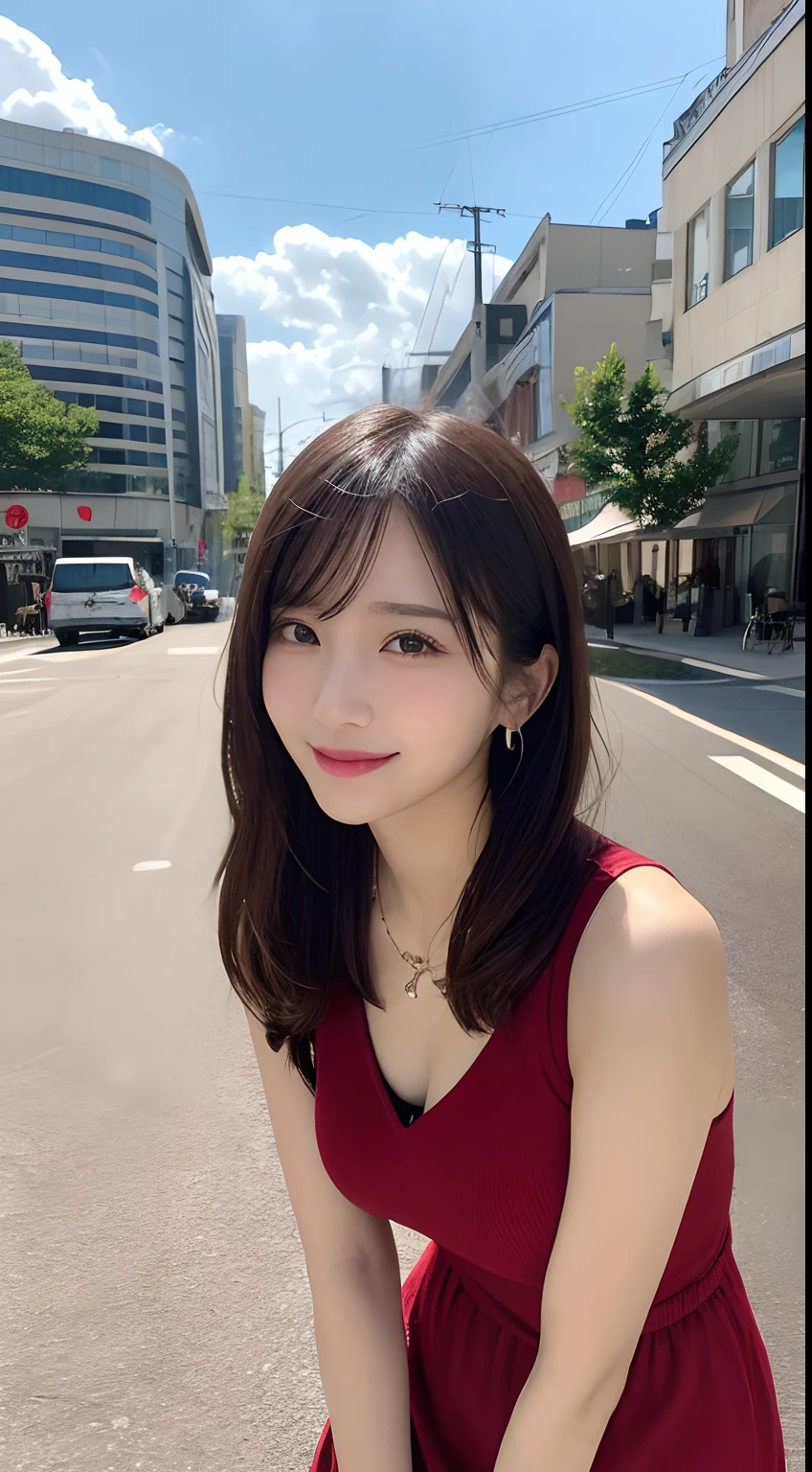 masutepiece, Best Quality, Illustration, Ultra-detailed, finely detail, hight resolution, 8K Wallpaper, Perfect dynamic composition, Beautiful detailed eyes, (doress),Medium Hair, Same as, Natural Color Lip, Random and sexy poses, large full breasts、Smile, piercings, a necklace, Aoyama Street Walk, 20 years girl, depth of fields、full body Esbian