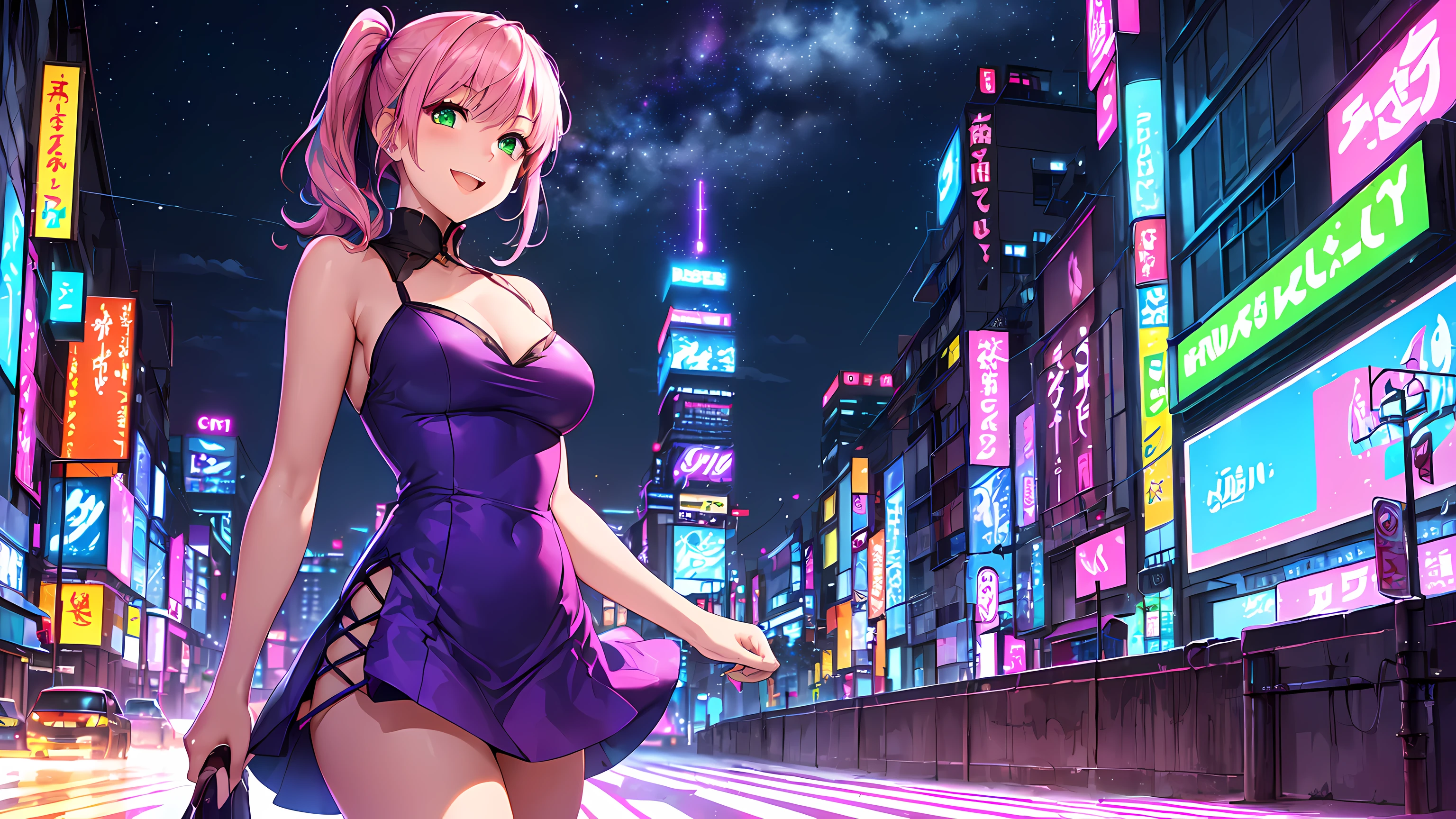 masterpiece:1.4, 1girl ((20year old, dressed in a purple party dress, high heel boots, medium breasts, multicolor pink hair, twin ponytails, perfect model body, green eyes:1.5, flirting, happy, big smile, looking up, standing in a NEO Tokyo City street during the night:1.3, city buildings in the background:1.2)) ((neon and energetic atmosphere)) ((solo:1.6)) ((night sky:1.3))