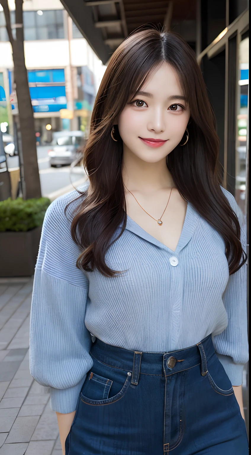(1 cute korean stars,Large breast bulge) ,Long hair,of the highest quality, 1 beautiful woman, age 28, S, 35mm lens, F/1, Cowboy Shot, Concrete background、Tile background、Perm Hair、Sweat Plaid shirt、Golden brown