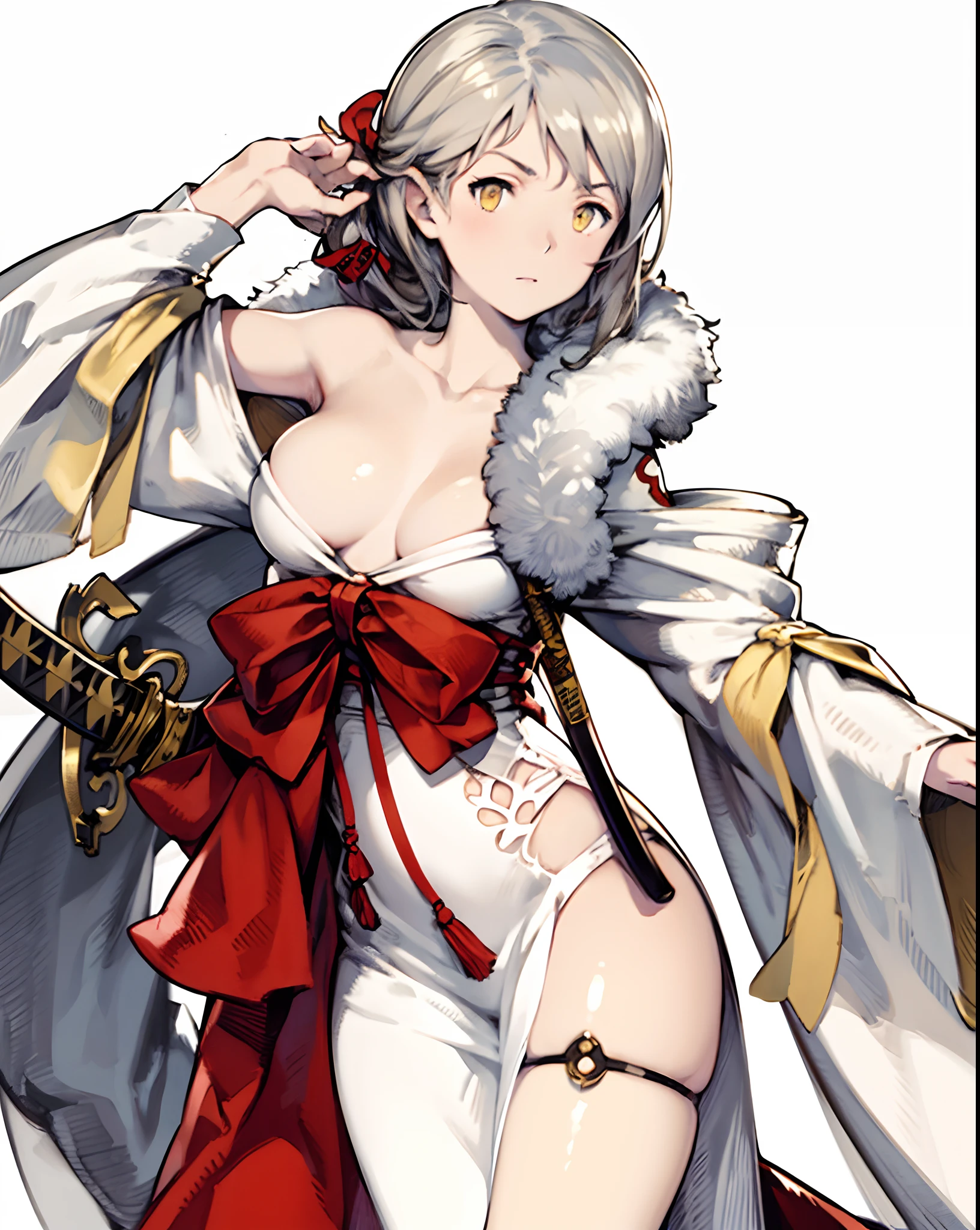 yoshida akihiko, 1girl, bravely default: flying fairy, bravely default \(series\), Nier, final fantasy, yellow eyes, white fur on shoulder, katana