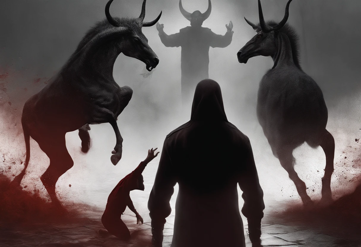 A compelling portrait-style artwork that should depict a moment where the devil has a grasp on a man The composition should emphasize vulnerability, with the devil on the left and the man on the right, slightly smaller in size. Use a dark and moody color palette, incorporating dark reds, deep purples, and charcoals for the background to convey a sense of foreboding. The devil's figure should be shadowy and menacing, with human-like but sinister features, while the subject should express fear, determination, and being overwhelmed. The devil's hand should firmly grip the man's forearm, leaving red marks, symbolizing the allure of temptation and inner struggle. The background should feature eerie and abstract elements, such as distant faces or silhouettes representing tormented souls. Utilize dramatic lighting and pay attention to intricate details like chains or barbed wire. This artwork should narrate the story of inner conflict and the resilience of the human spirit against malevolent forces.