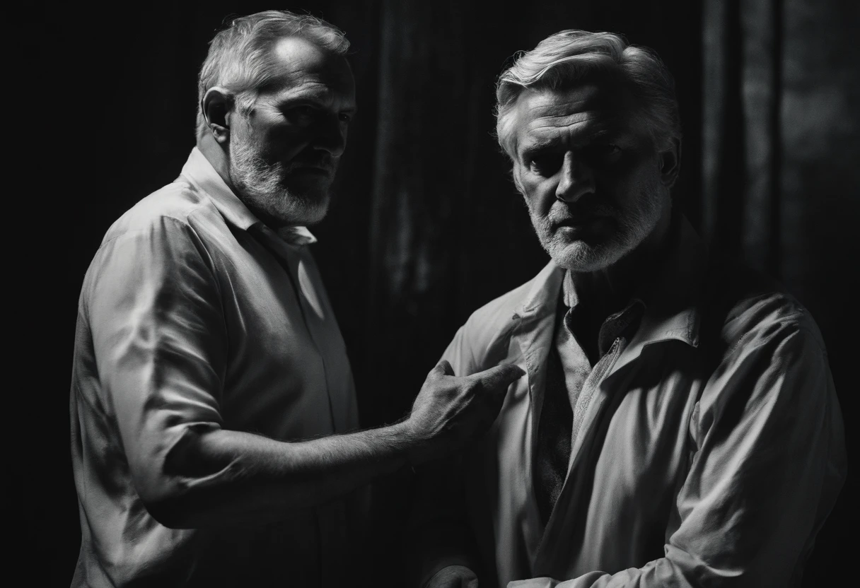 A compelling portrait-style artwork that should depict a moment where the devil has a grasp on a man The composition should emphasize vulnerability, with the devil on the left and the man on the right, slightly smaller in size. Use a dark and moody color palette, incorporating dark reds, deep purples, and charcoals for the background to convey a sense of foreboding. The devil's figure should be shadowy and menacing, with human-like but sinister features, while the subject should express fear, determination, and being overwhelmed. The devil's hand should firmly grip the man's forearm, leaving red marks, symbolizing the allure of temptation and inner struggle. The background should feature eerie and abstract elements, such as distant faces or silhouettes representing tormented souls. Utilize dramatic lighting and pay attention to intricate details like chains or barbed wire. This artwork should narrate the story of inner conflict and the resilience of the human spirit against malevolent forces.