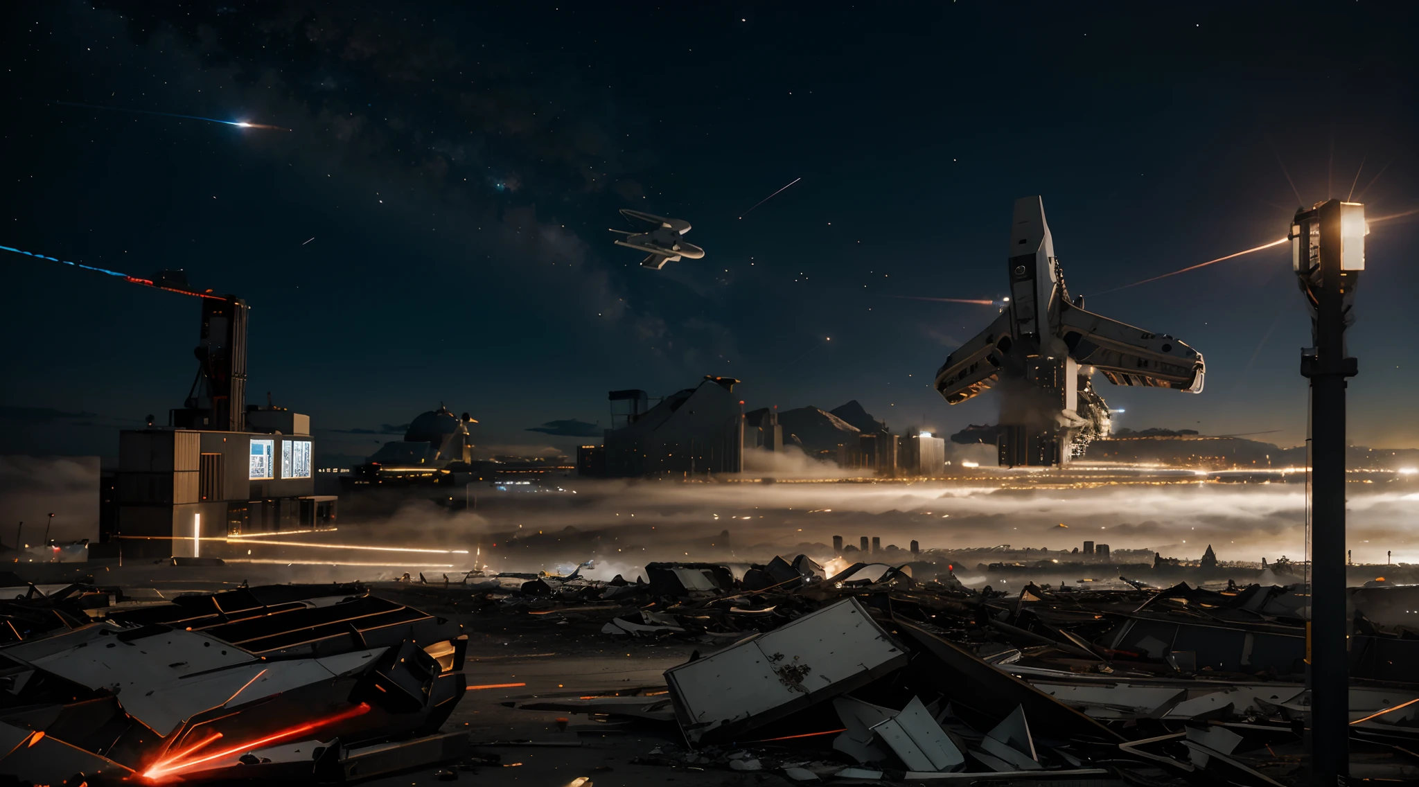 Huge spaceships shooting out of the sky with lase