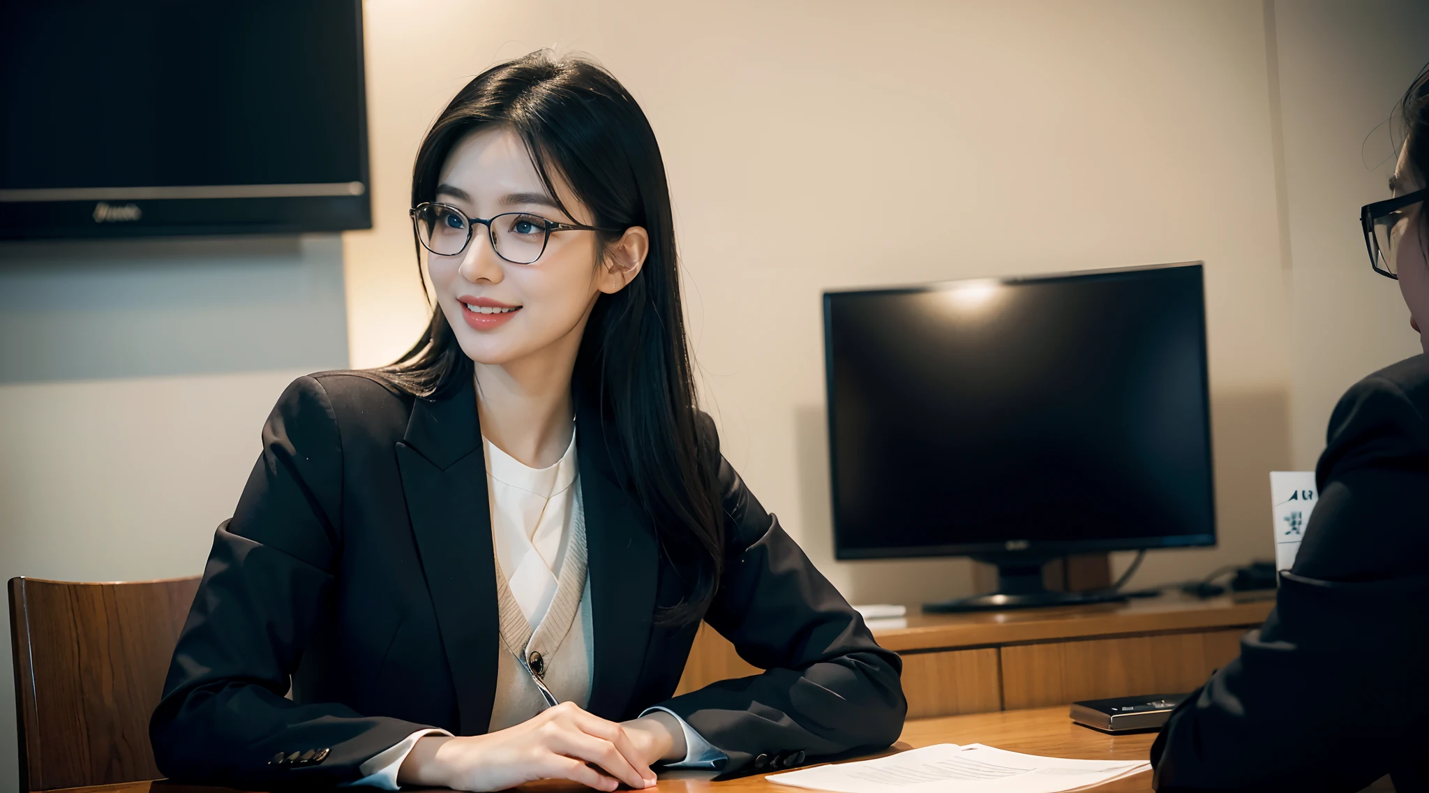 `(best quality, masterpiece:1.2), realistic, high-res`, beautiful detailed eyes, beautiful detailed lips, extremely detailed face, long eyelashes,(((1 girl in picture))), 28 year old,Japanese ethnicity, long black hair, glasses, dressed in a neat suit, in a meeting room, behind the podium, smiling,cute,monitor at behind,geographic