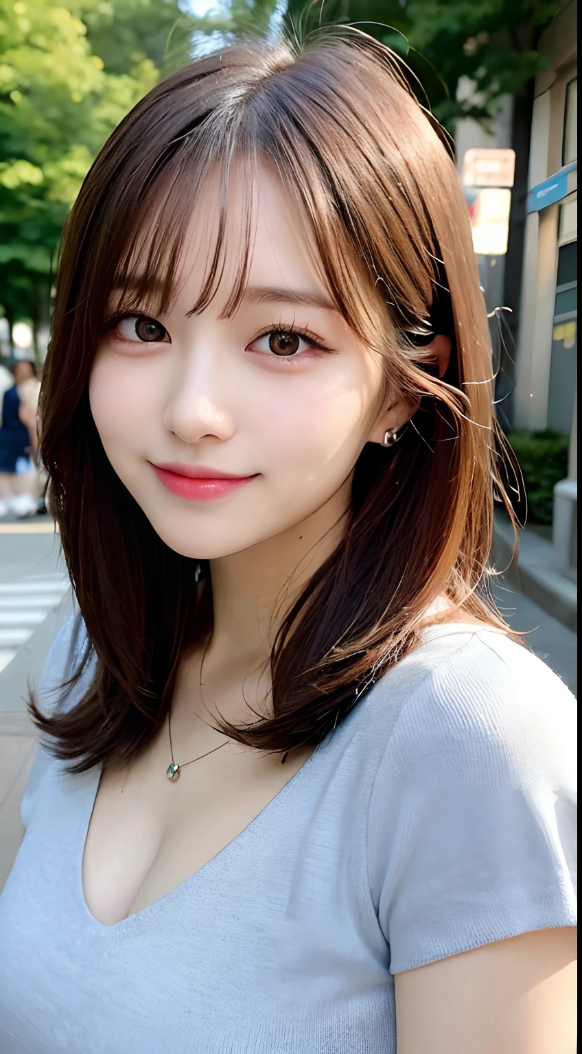 8k、highest quality、Like a real photo、masterpiece、Product quality, One Girl,, Young and beautiful woman in Japan, Long Bob Hair, attractive appearance,, High resolution, High detail, Detailed hairstyle, Detailed face, Great cinema lighting, Octane Rendering, Vibrant, Ultra-realistic, Perfect limbs, Perfect Anatomy、17 years old、her hair is light brown.、Cool clothes、In the background is a cafe terrace、Natural color lip、Attractive eyes、Eye color is blue、the ears are hidden by the hair、Double teeth、Yawn