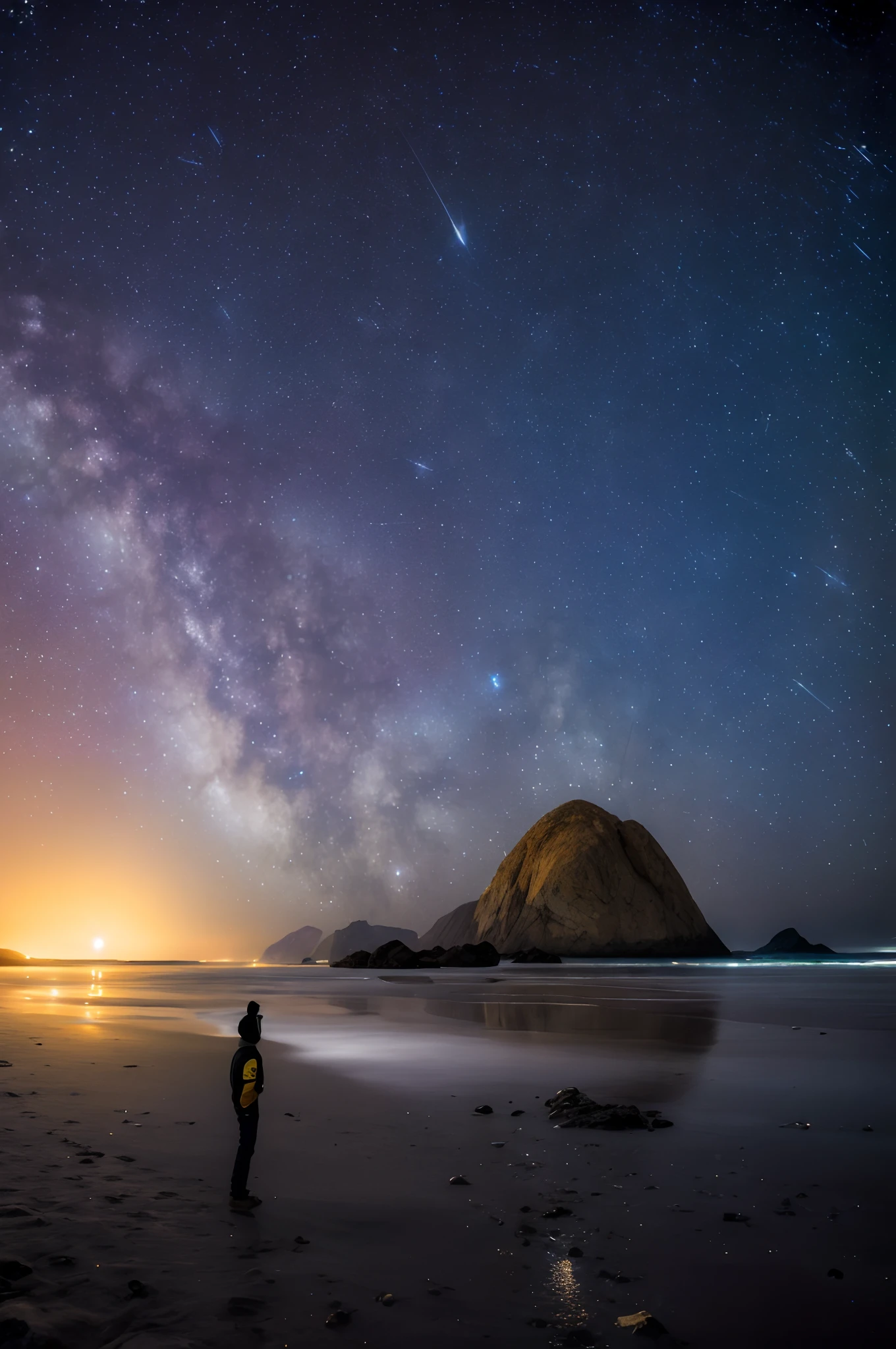 una persona de pie en una playa bajo un cielo lleno de estrellas, ((Muchas estrellas)), Contrastar pafra destacar las estrellas, Photography of the night sky, Light from the Milky Way, Mirando las estrellas por la noche, astrophotography, Mirando las estrellas, Winner of the Unsplash photo contest, brillando su luz entre las estrellas, por Greg Staples, Foto ganadora del concurso Unsplash, ( Greg Rutkowski ), Mirando las estrellas, Niebla y cielos estrellados, Mirando hacia el cosmos