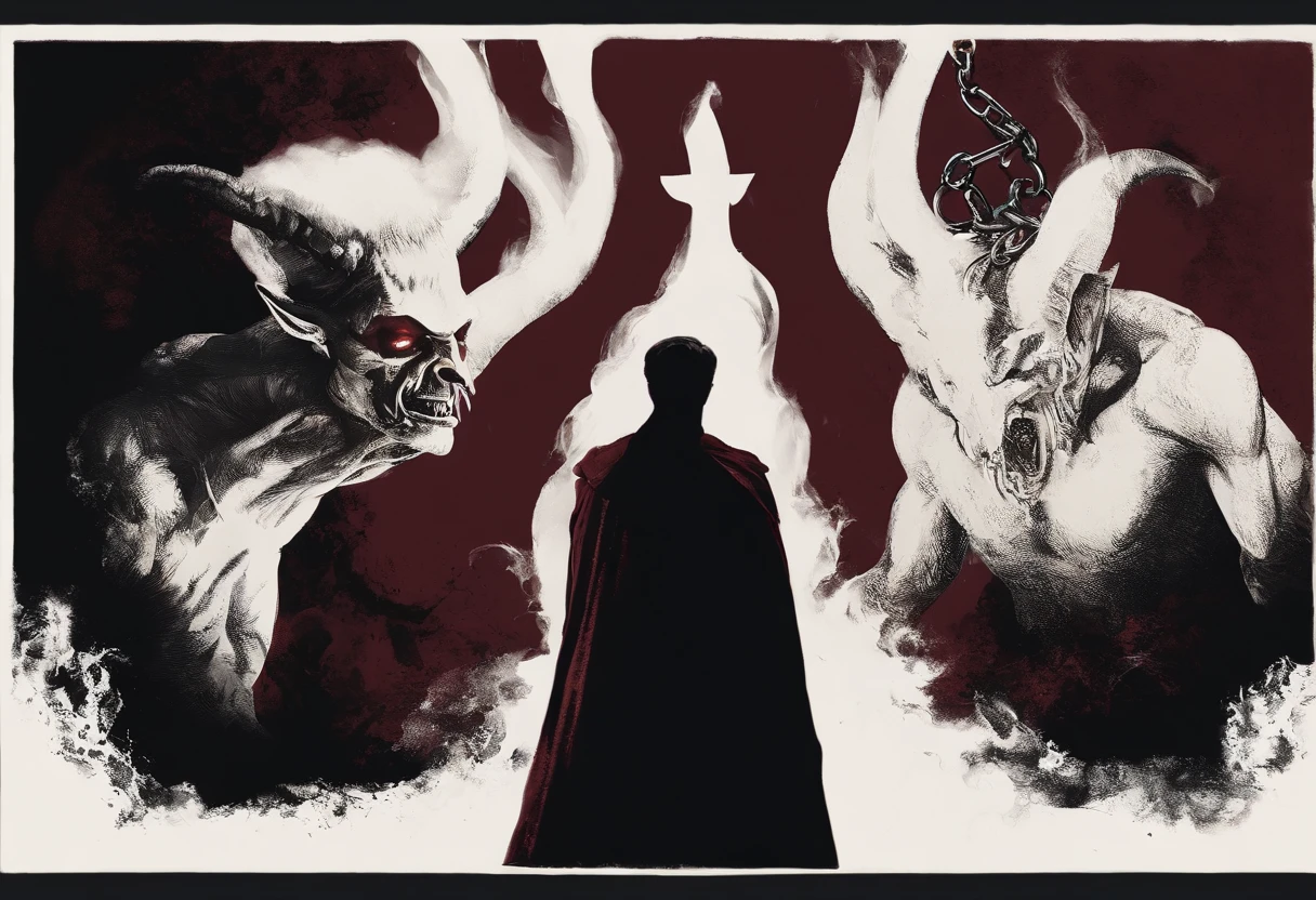 A compelling portrait-style artwork that should depict a moment where the devil has a grasp on a man The composition should emphasize vulnerability, with the devil on the left and the man on the right, slightly smaller in size. Use a dark and moody color palette, incorporating dark reds, deep purples, and charcoals for the background to convey a sense of foreboding. The devil's figure should be shadowy and menacing, with human-like but sinister features, while the subject should express fear, determination, and being overwhelmed. The devil's hand should firmly grip the man's forearm, leaving red marks, symbolizing the allure of temptation and inner struggle. The background should feature eerie and abstract elements, such as distant faces or silhouettes representing tormented souls. Utilize dramatic lighting and pay attention to intricate details like chains or barbed wire. This artwork should narrate the story of inner conflict and the resilience of the human spirit against malevolent forces.