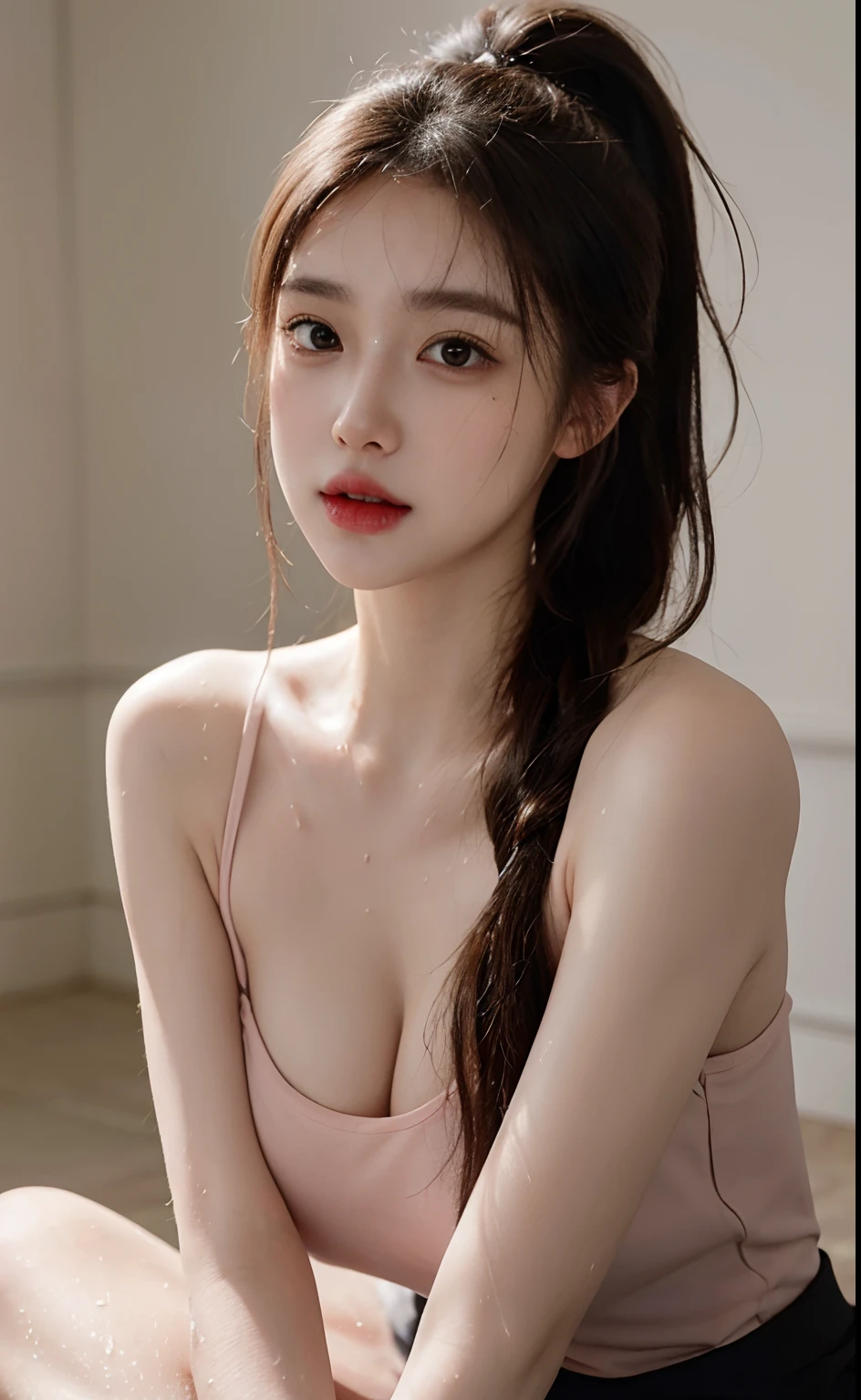 RAW photo, Photorealistic, 1girl, full - body, (sweaty:1.5), (wearing nothing), Brown hair in a ponytail, pale skin, Black Eyes, pink lips, (Cute), (giant breast:1.1), Sit, astride, Detailed background, Detailed Face, A detailed eye, Detailed hair, All rendering, super detaill, anatomically correct, High Details, hiquality, Best Quality, hight resolution, 8K, Masterpiece
