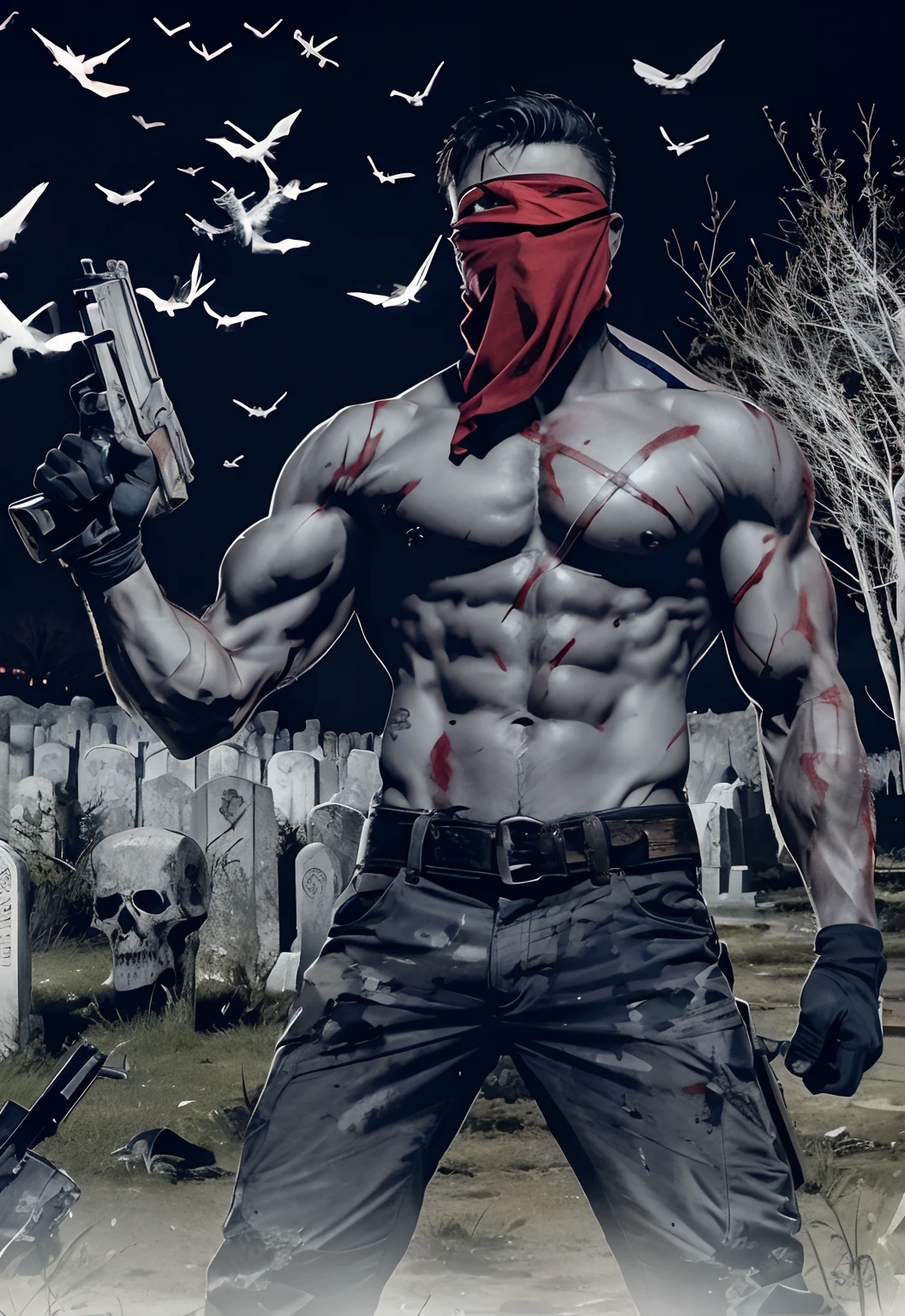 (high resolution, best quality:1.2), A shirtless athletic zombie wielding a gun and wearing a red scarf that covers his eyes and entire face. He wears a pair of military pants and a belt. Morcegos voando ao fundo. Cemetery scenery at night. fotorrealista. Ultra realista.