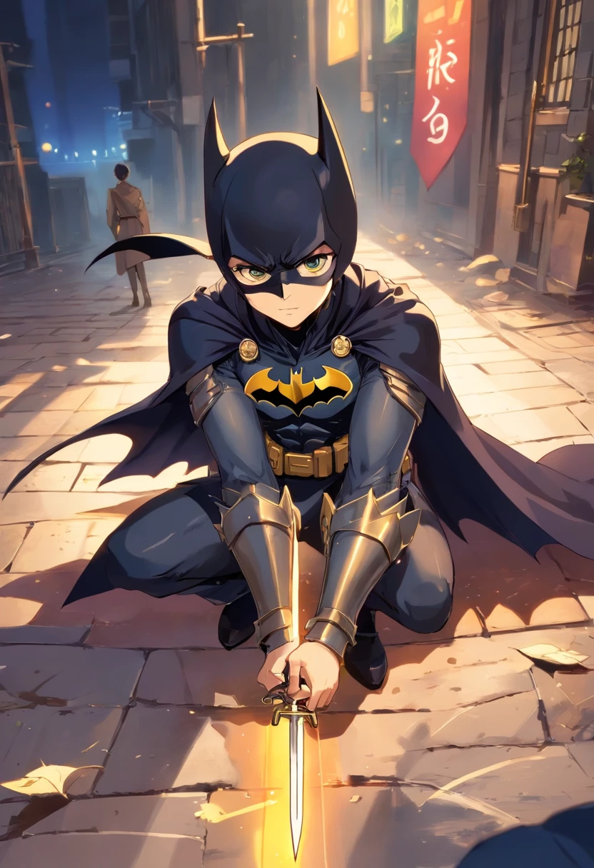 Create a Batman Comic Book style drawing as if you were a medieval knight, com armaduras pretas, uma espada grande prata e segurando um escudo em forma de morcego. O fundo deve ter um Coringa usando roupas de bobo da corte, Lying on the floor passed out
