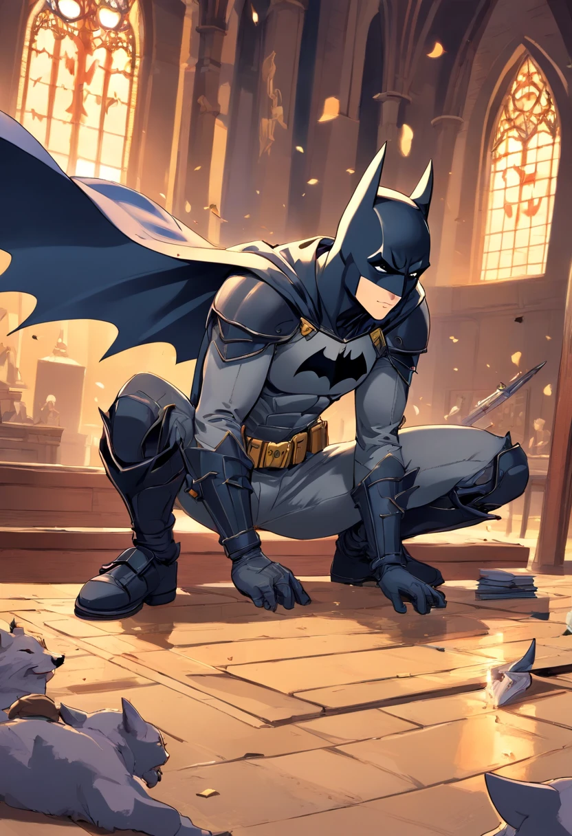 Create a Batman Comic Book style drawing as if you were a medieval knight, com armaduras pretas, uma espada grande prata e segurando um escudo em forma de morcego. O fundo deve ter um Coringa usando roupas de bobo da corte, Lying on the floor passed out