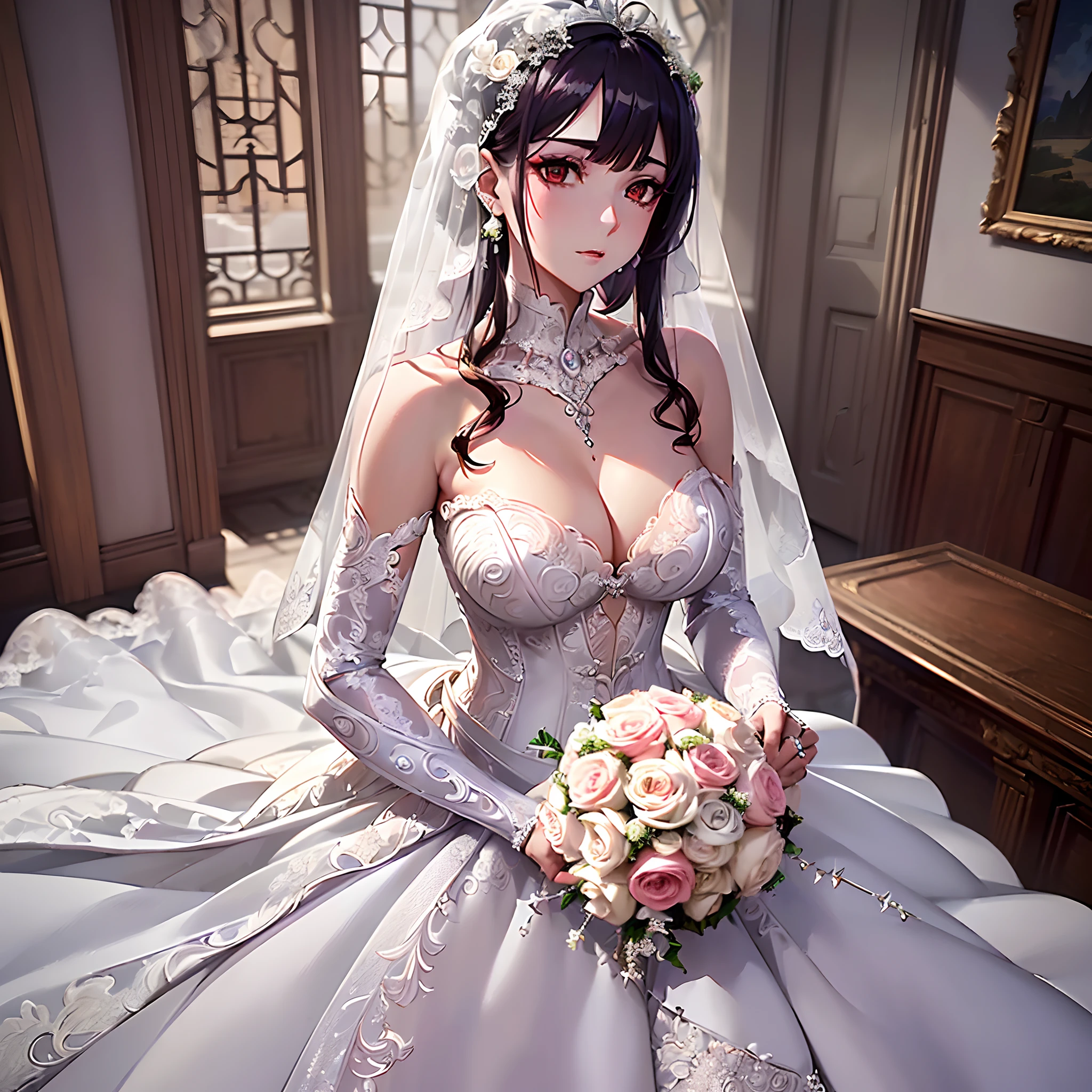 ((Finest quality)),(超A high resolution),(ultra-detailliert),(Meticulous portrayal),((Best Anime)),(Finest works of art),sharpnes,Clair, ((The Devil's Bride):1.2),Well-proportioned glamorous body:1.1,makeups,eye shadow,eye line, ((Revealing wedding dresses:1.5)), Red Moon:1.5