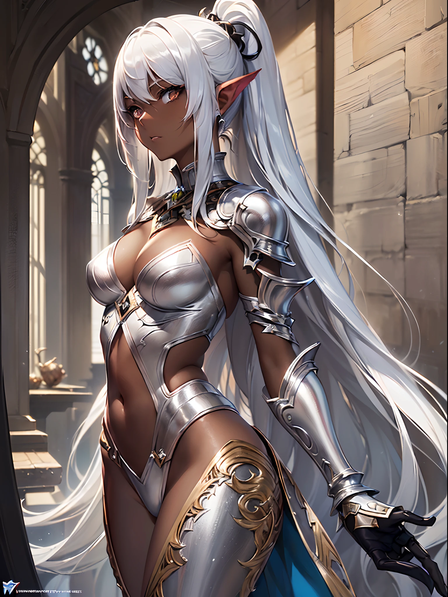 ((Finest quality)),(超A high resolution),(ultra-detailliert),(Meticulous portrayal),((Best Anime)),(Finest works of art),sharpnes,Clair, (Fantasyart:1.5), (Woman Dark:1.5),,((Brown skin:1.5),((Silver Street Long Hair)),White clothes,Slender eyes:1.5,tribal:1.5