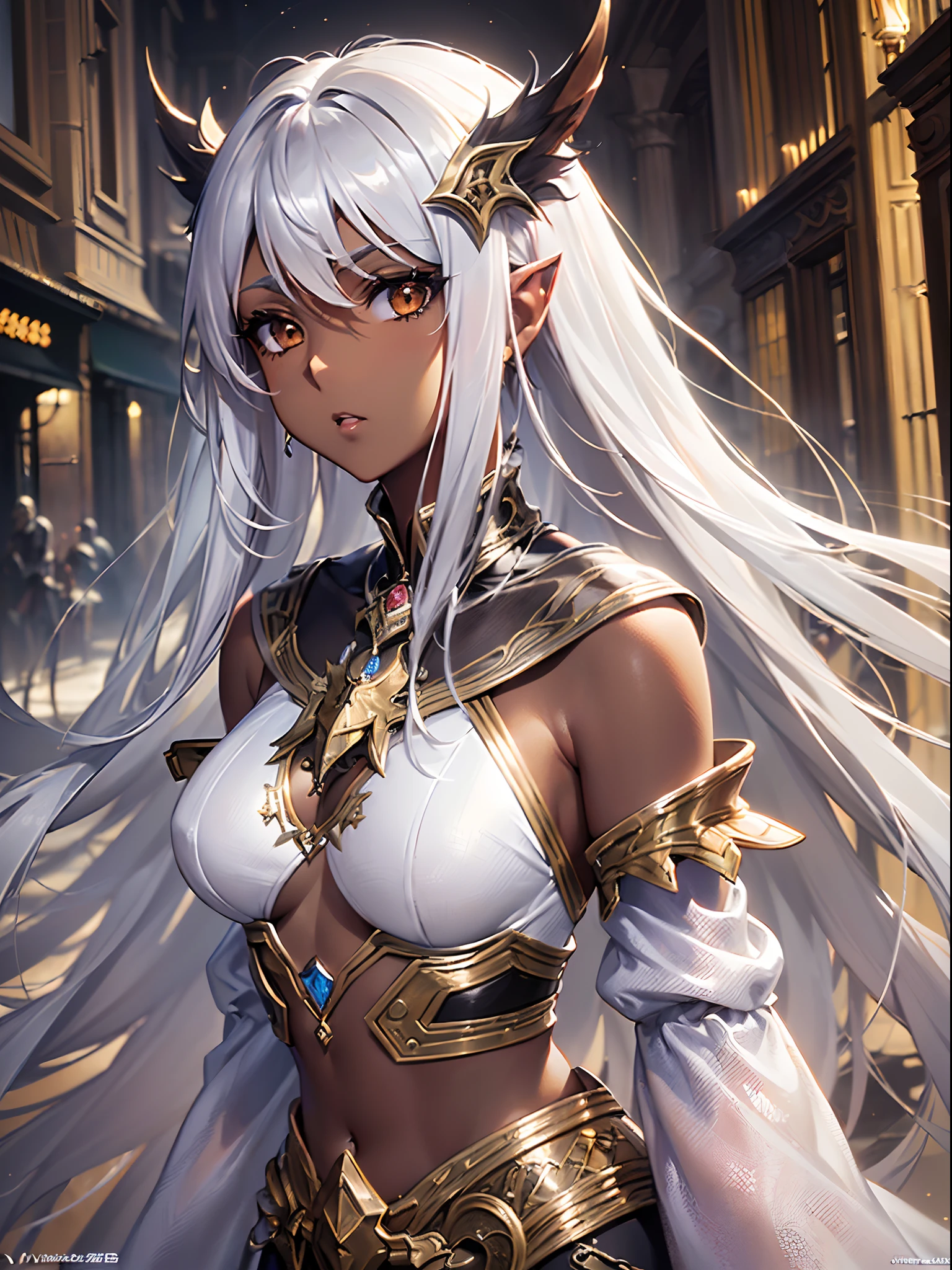 Create an ultra-detailed, photorealistic illustration of a 30 years old strong queen bunny girl with very long, braided hair. Her hair should be flowing and intricate, with a neutral tan skin color. She is adorned in purplish armor that is both elegant and robust, reflecting her strength and royal status. The armor features delicate engravings and gemstones that catch the light, adding to its majesty. Her ears are tall and expressive, complementing her regal appearance. The background should be an enchanting, mystical landscape with a hint of magical elements, enhancing the overall scene's fantasy feel. Use vibrant colors and dynamic lighting to emphasize her powerful and commanding presence.