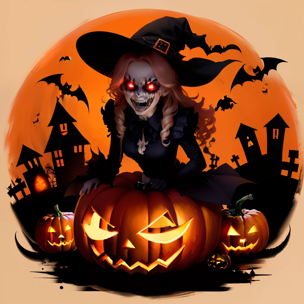 Halloween pumpkins and a witch sitting on a pumpkin - SeaArt AI