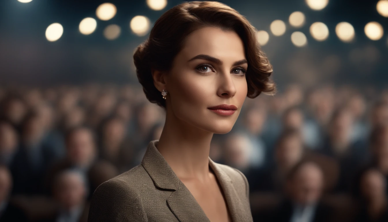 A handsome woman, She has short brown hair, face is not visible, she stands side ways towards a crowded audience. Wear a decent suit, Stand on stage speaking with microphone on one hand and open arm on other side, Surrealism, high detail, cinematic lighting, panorama, UHD