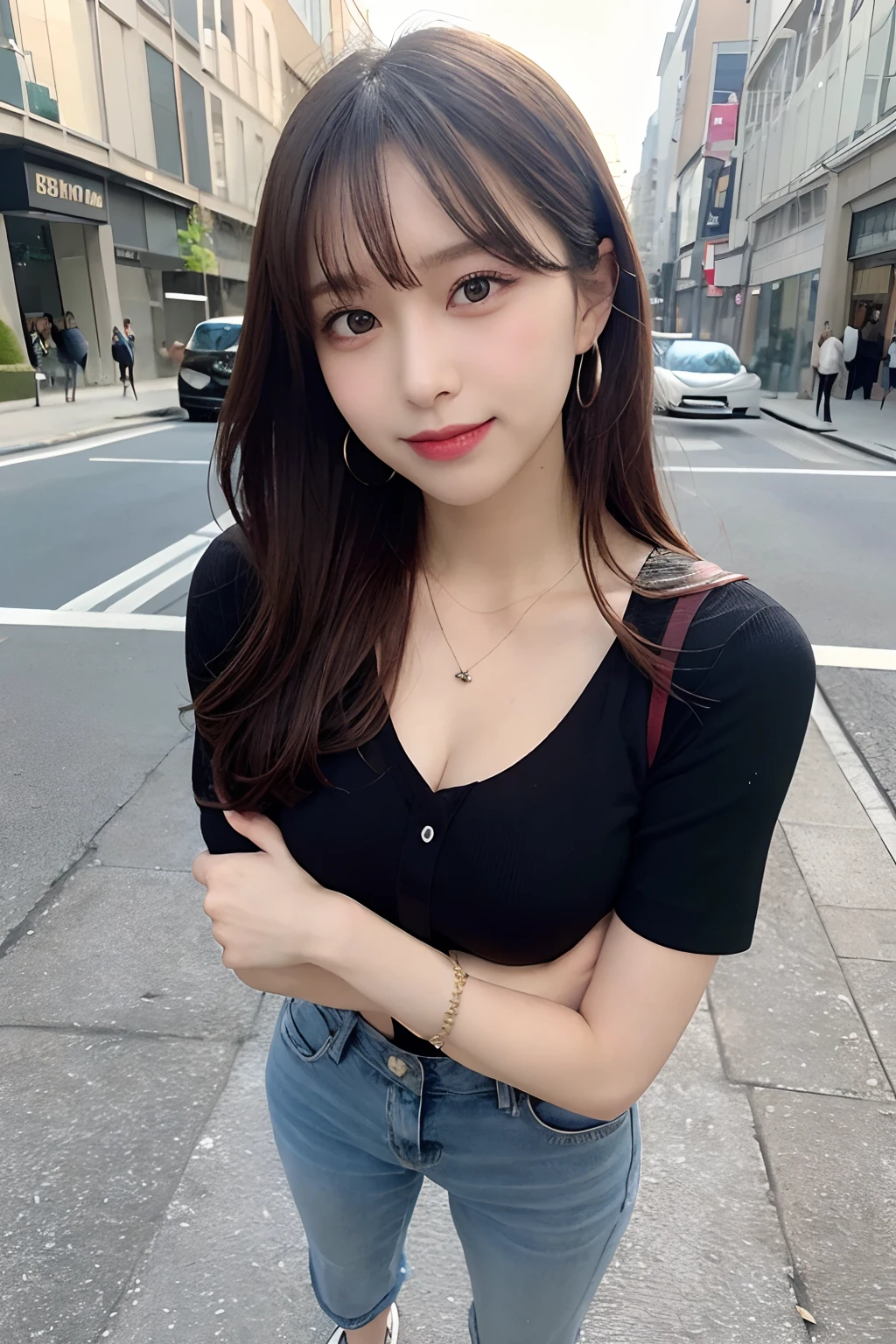 masutepiece, Best Quality, Illustration, Ultra-detailed, finely detail, hight resolution, 8K Wallpaper, Perfect dynamic composition, Beautiful detailed eyes, (doress),Medium Hair, Same as, Natural Color Lip, Random and sexy poses, large full breasts、Smile, piercings, a necklace, Aoyama Street Walk, 20 years girl, depth of fields、full body Esbian