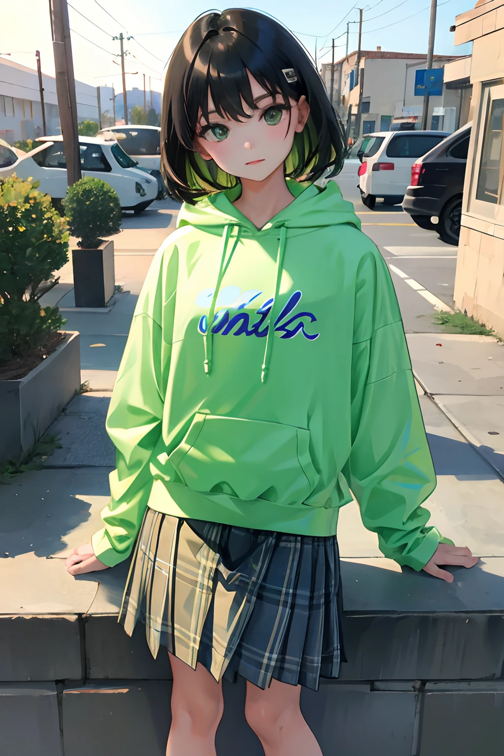 1girl in, Solo, Solo Focus, Cowboy Shot, Portrait, oversized hoodie, Aqua green and white hoodie, Half Aqua, Half Green, ((Brown hair)), (Yellow hair), (Gradient Hair :1.5), Curly hair, ((Pink eyes)), ultradetailed eyes, asa, (Caramel Black Skin:1.1), Best Quality, Ultra-detailed, university campus,crass room,dictionary on the desk,sit a chair、open one's legs,White panty,Flip up your skirt