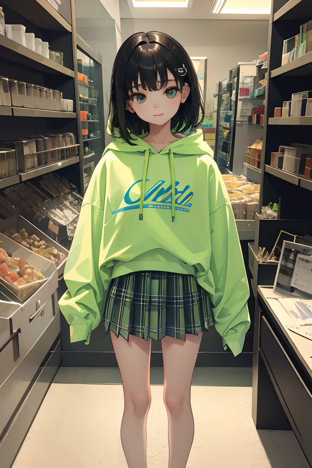 child,(masterpiece,Highest Quality),Light green sheer hoodie,Plaid skirt,A dark-haired